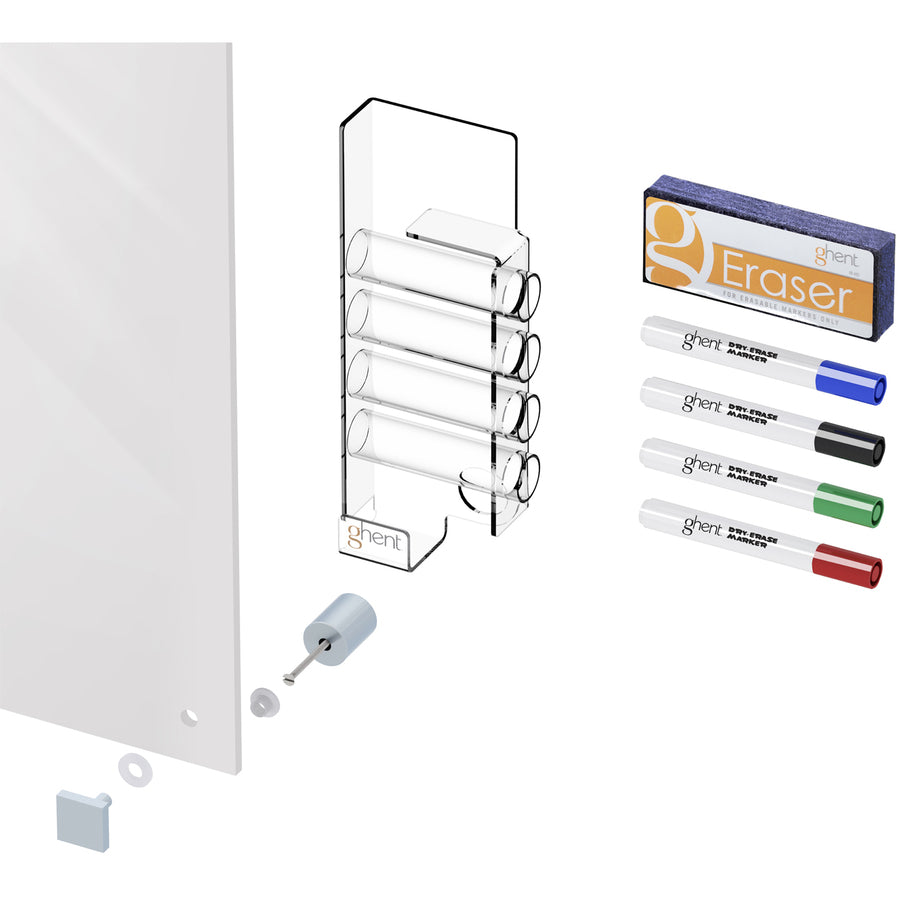 Ghent Harmony Glass Dry Erase Board, 48" x 36", Tempered Glass, White Back, Magnetic, Square Corners, Accessory Holder, Stain & Ghost Resistant, Recyclable, 1 Each