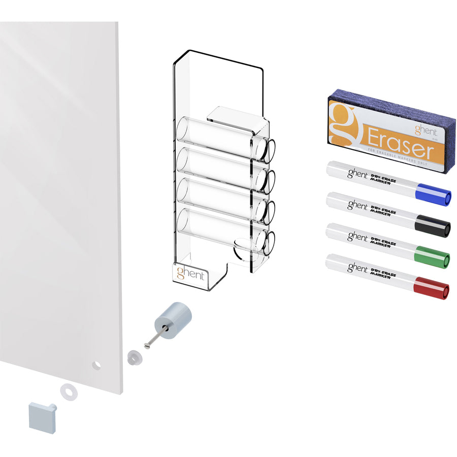 Ghent Harmony Glass Dry Erase Board, 96" x 48", Tempered Glass, White Back, Magnetic, Square Corners, Accessory Holder, Stain & Ghost Resistant, Recyclable, Includes 4 Markers & Eraser, 1 Each