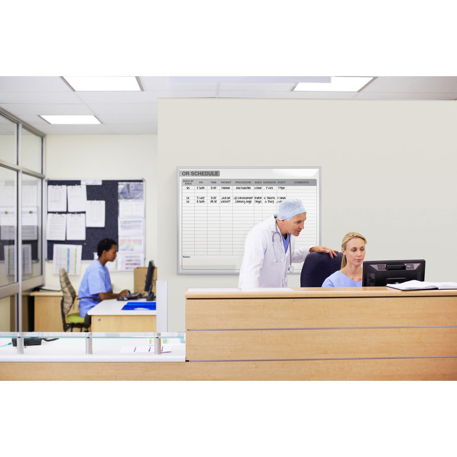 Ghent Healthcare Whiteboard - 96" (8 ft) Width x 48" (4 ft) Height - White Steel Surface - Satin Aluminum Frame - Rectangle - Horizontal - Magnetic - Stain Resistant, Ghost Resistant, Fade Resistant, Accessory Tray - 1 Each - TAA Compliant