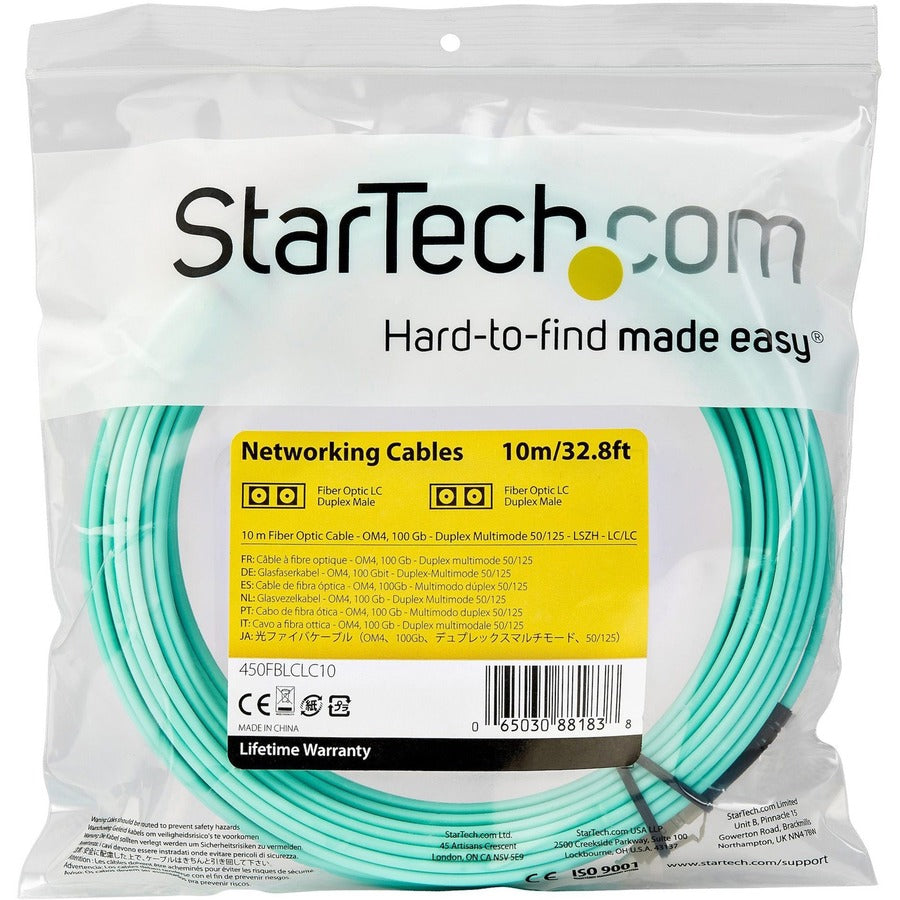 StarTech.com Fiber Optic Duplex Patch Network Cable, LC to LC, 32.81 ft, OM4, 50/125 µm, LSZH Jacket, Aqua, 100 Gbit/s, 1 Each