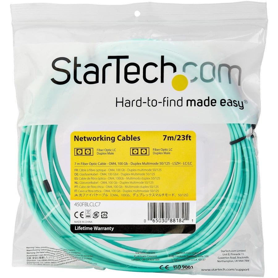 StarTech.com Fiber Optic Duplex Patch Network Cable, LC to LC, Multi-mode, 50/125 µm, 22.97 ft, LSZH Jacket, Aqua, 100 Gbit/s, 1 Each