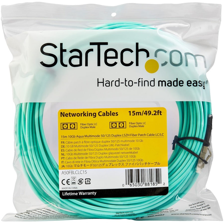 StarTech.com Fiber Optic Duplex Patch Network Cable - 49.21 ft Fiber Optic Network Cable for Network Device - First End: 2 x LC Network - Male - Second End: 2 x LC Network - Male - 10 Gbit/s - Patch Cable - 50/125 &micro;m - Aqua - 1 Each