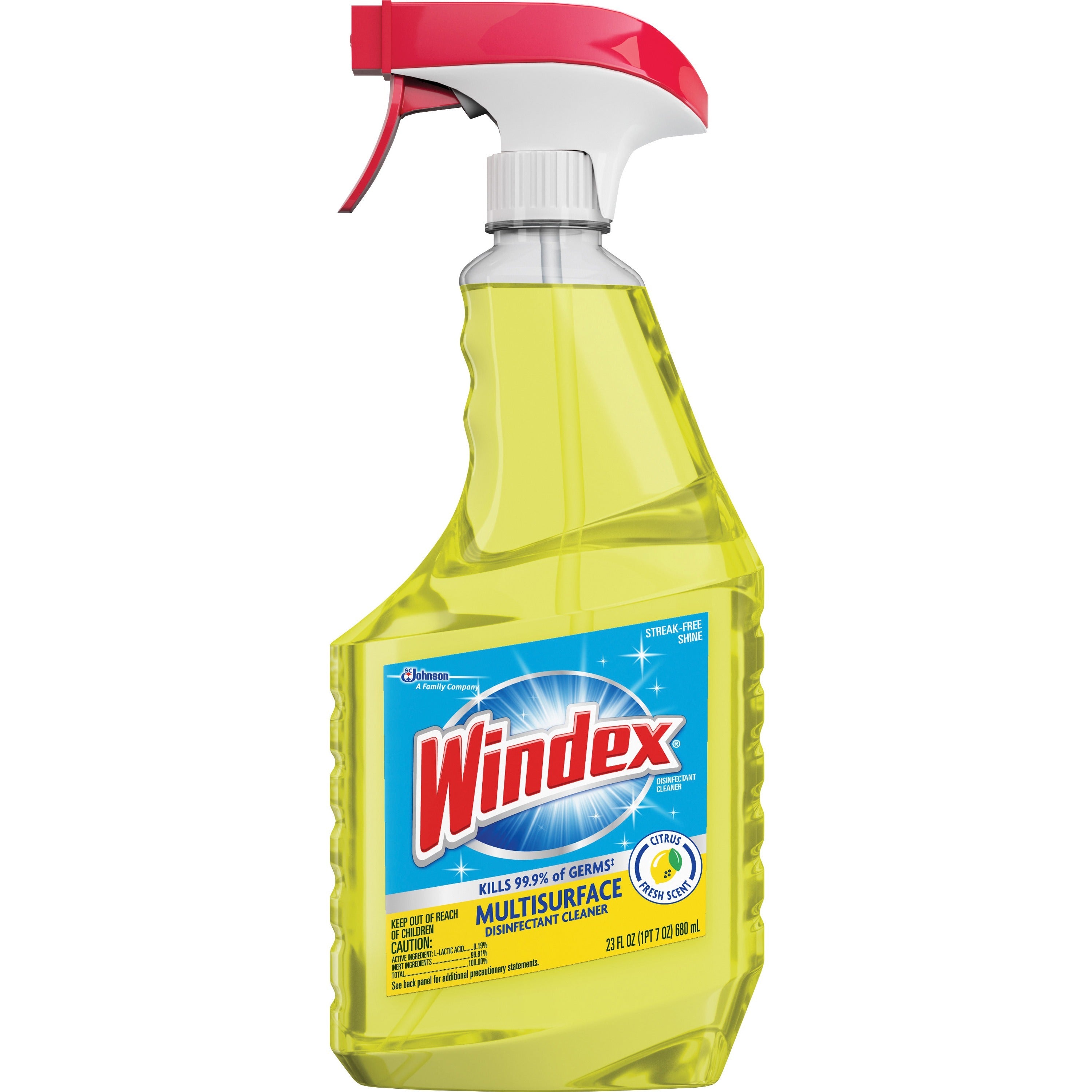 Windex&reg; MultiSurface Disinfectant Spray - Ready-To-Use - 23 fl oz (0.7 quart) - Fresh Citrus Scent - Residue-free, Streak-free, Ammonia-free, Antibacterial, Disinfectant - Yellow Bottle - 1 Each