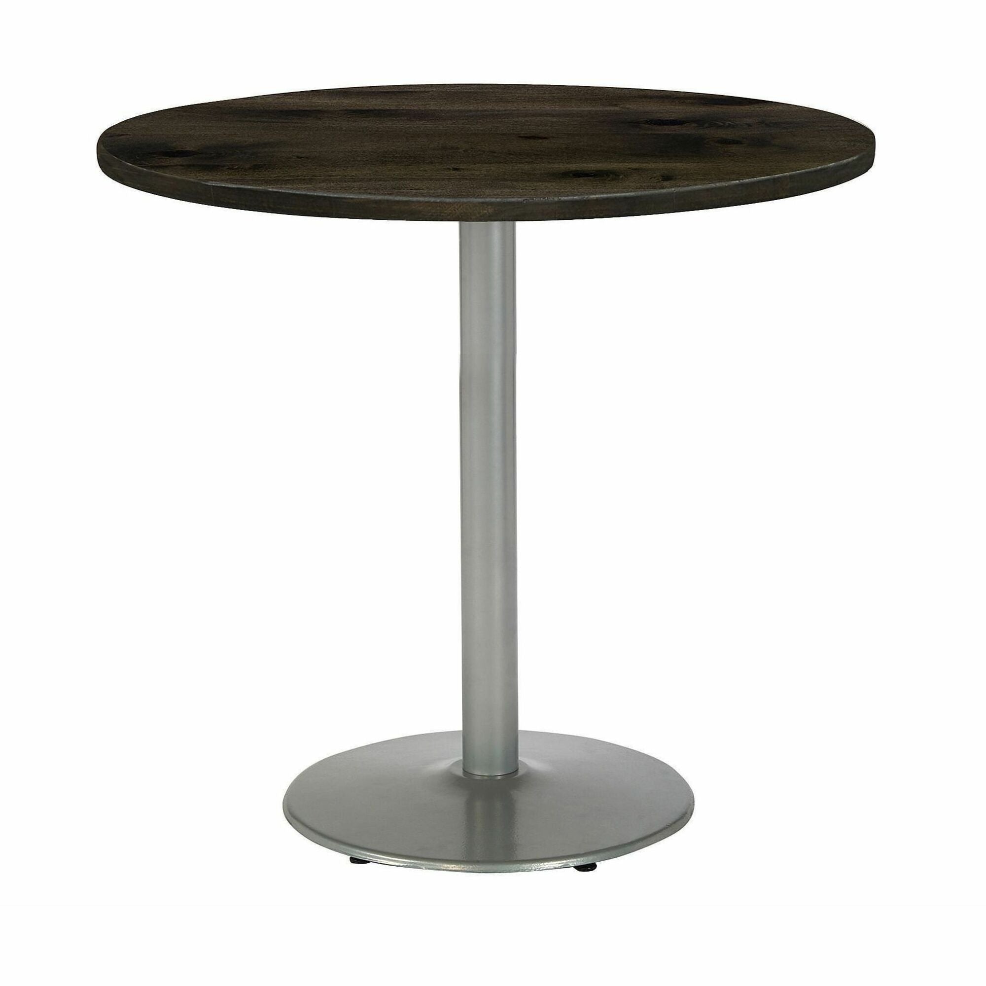 KFI 36" Round Vintage Wood Bistro Table, Barnwood Finish, 36" Height, Silver Frame, 1 Each