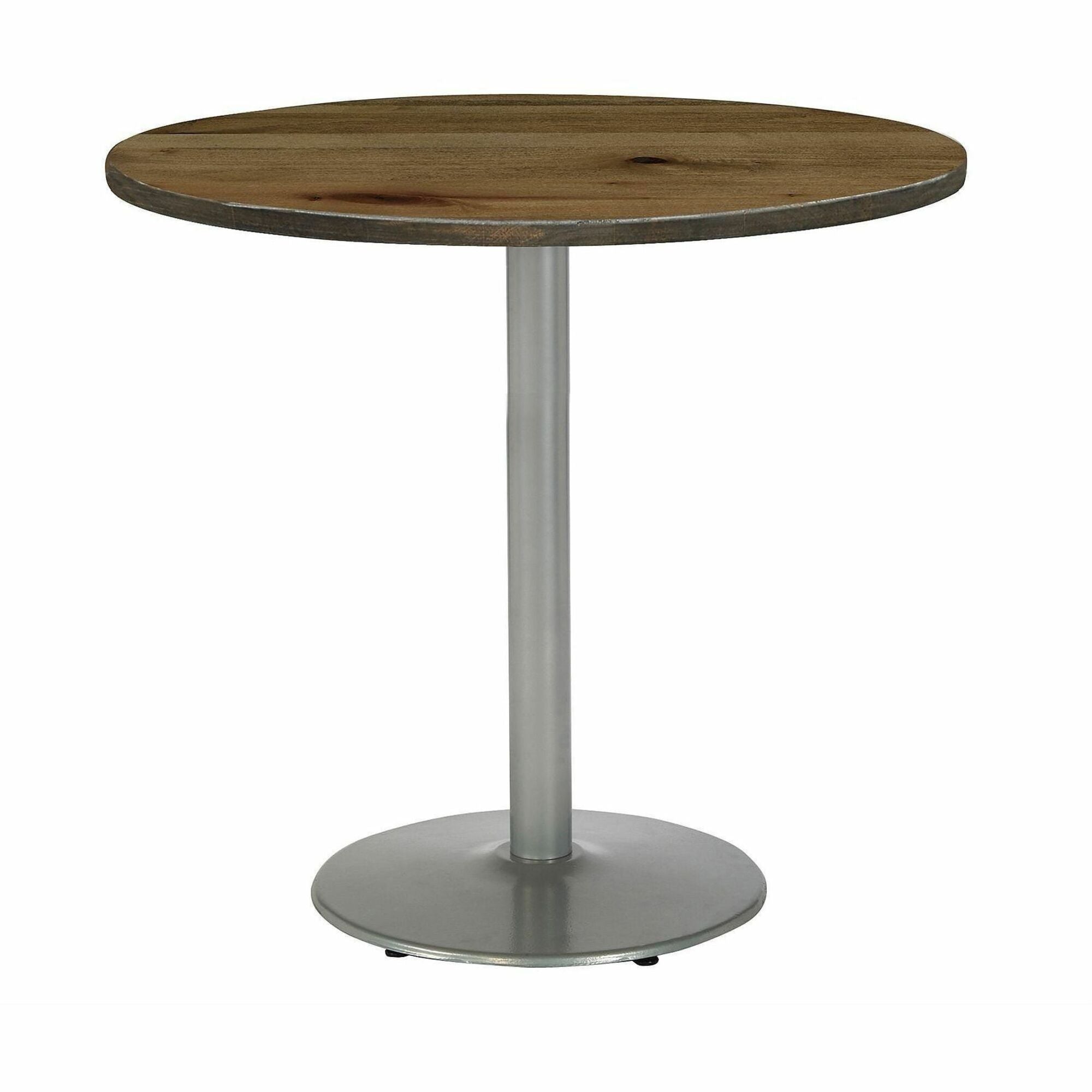 KFI 42" Round Vintage Wood Bistro Table, Natural Finish, 42" Height, Silver Frame, 1 Each