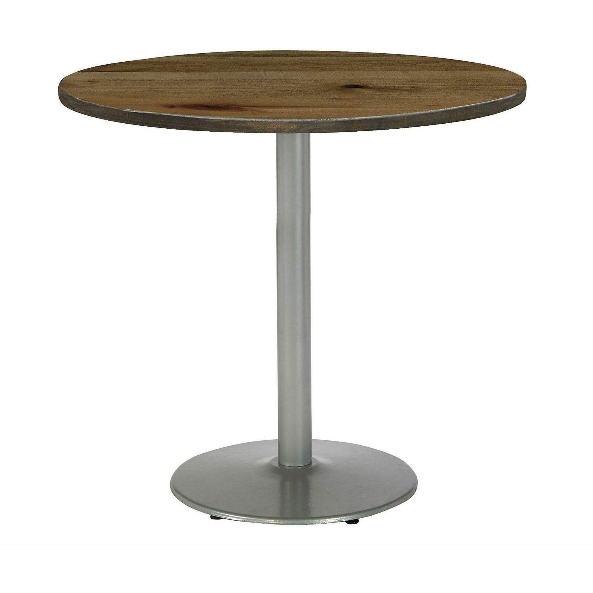 KFI 36" Round Vintage Wood Bistro Table, Natural Finish, 36" Height, Silver Frame, 1 Each