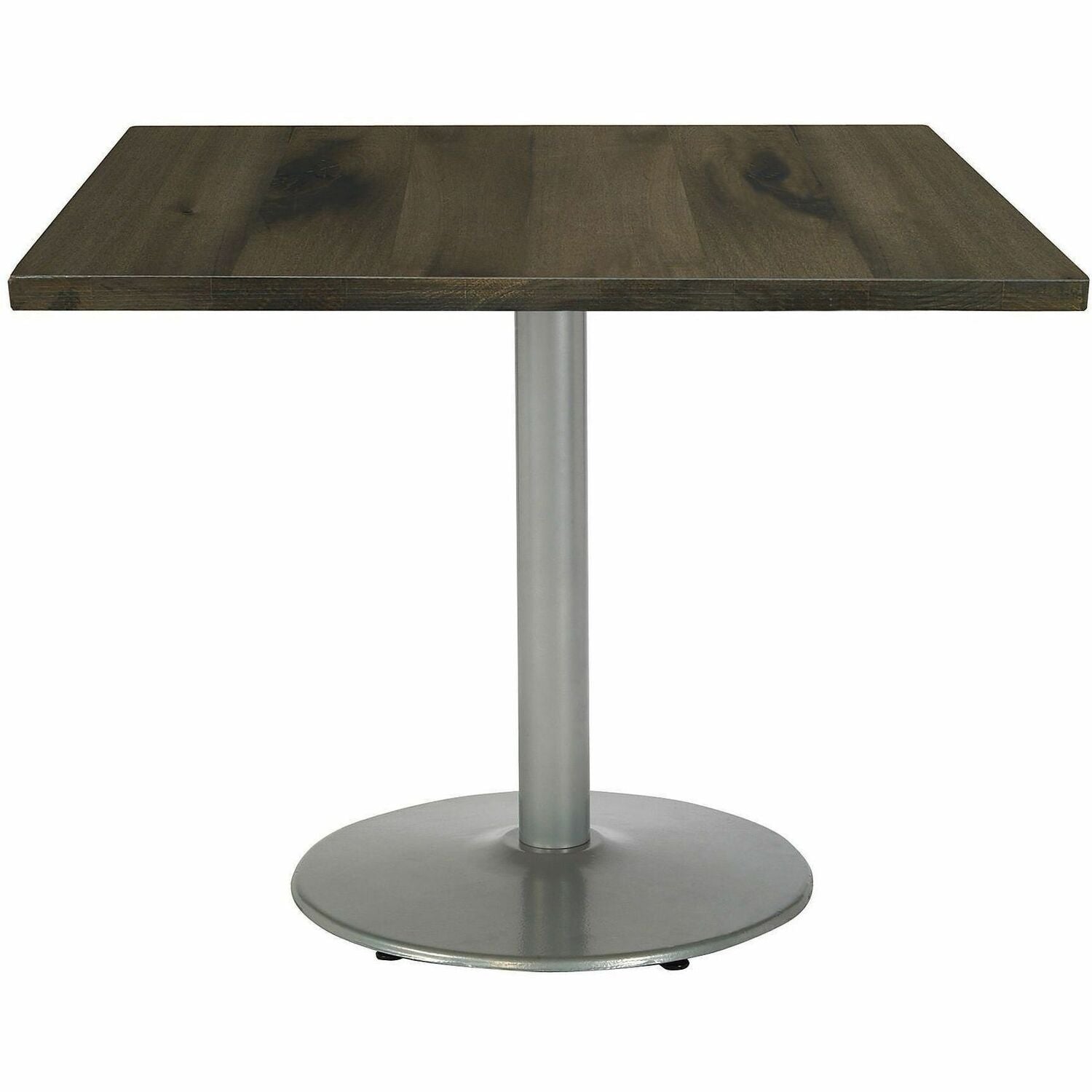 KFI 30" Square Wood Pedestal Table, Barnwood Vintage Wood Top, Silver Pedestal Base, Assembly Required, 1 Each