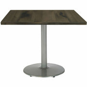KFI 30" Square Wood Pedestal Table, Barnwood Vintage Wood Top, Silver Pedestal Base, Assembly Required, 1 Each