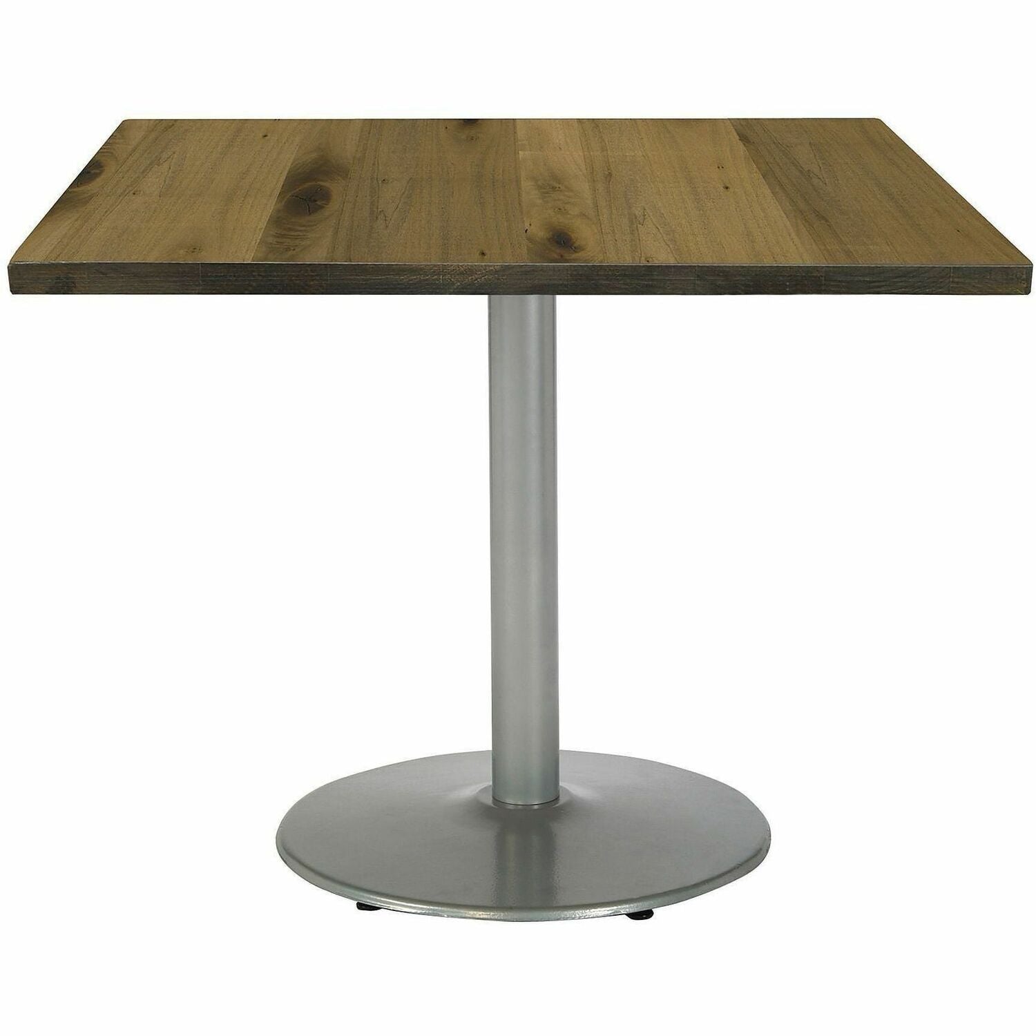 KFI 30" Square Wood Pedestal Table, Natural Vintage Wood Top, Silver Pedestal Base, 1 Each