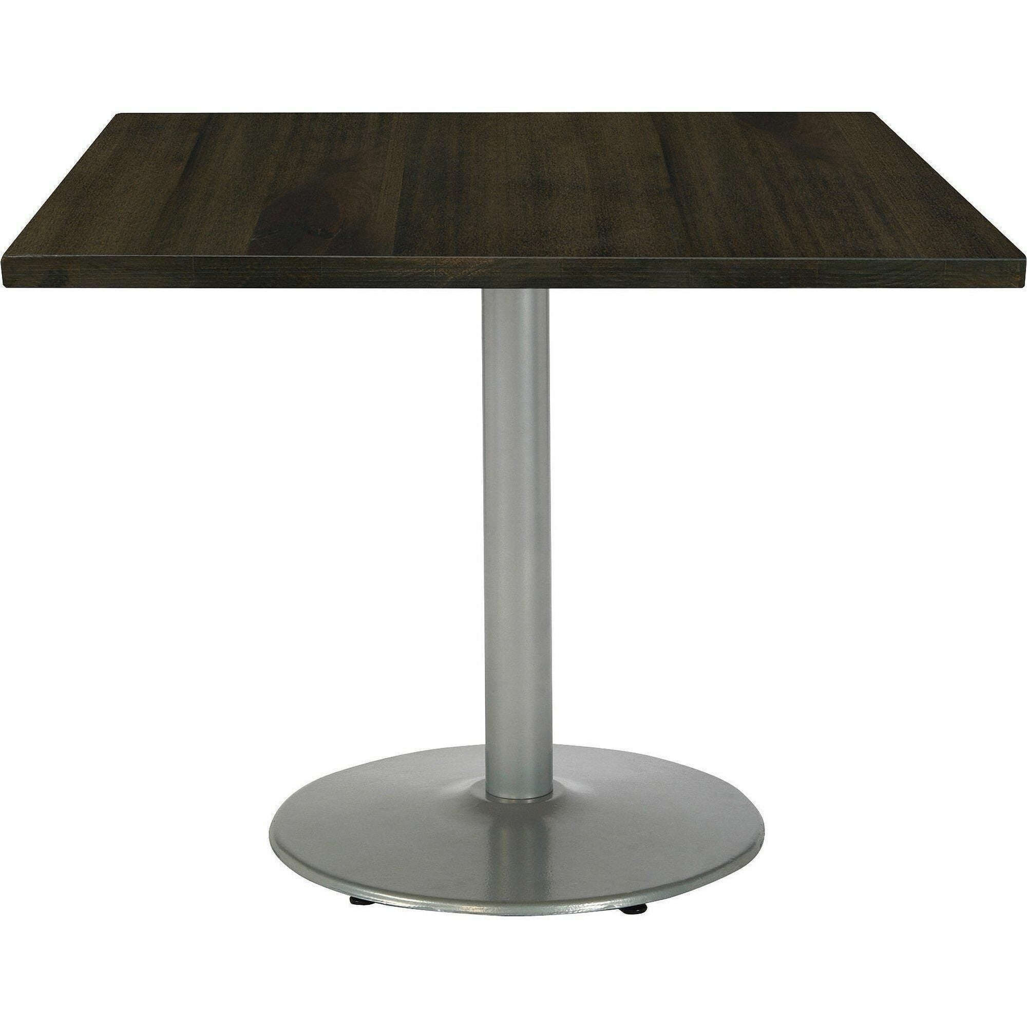 KFI 36" Square Wood Pedestal Table, Espresso Vintage Wood Top, Silver Pedestal Base, Assembly Required, 1 Each