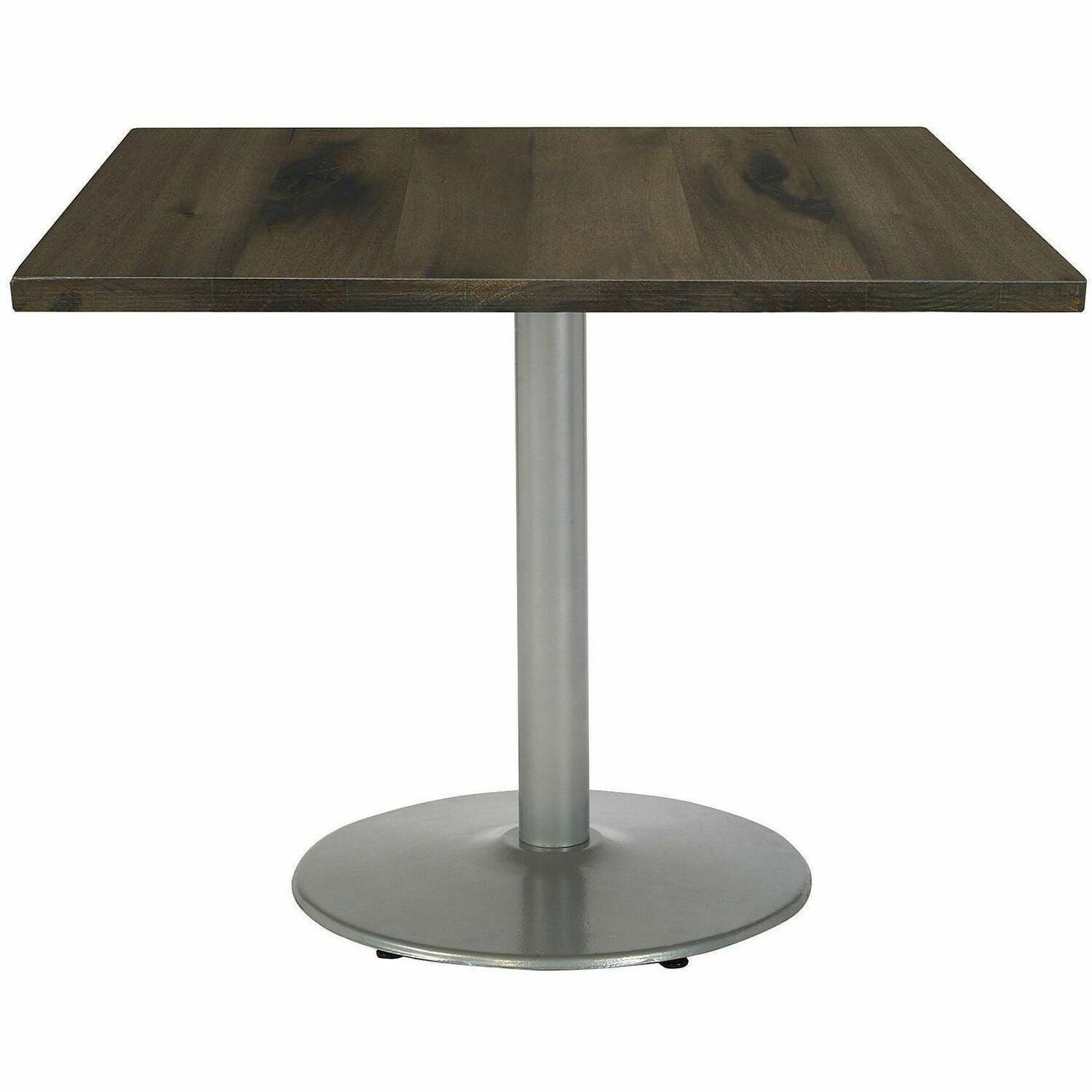 KFI 42" Square Wood Pedestal Table, Barnwood Top, Pedestal Base, Vintage Wood, Silver Frame, 1 Each