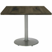 KFI 42" Square Wood Pedestal Table, Barnwood Top, Pedestal Base, Vintage Wood, Silver Frame, 1 Each