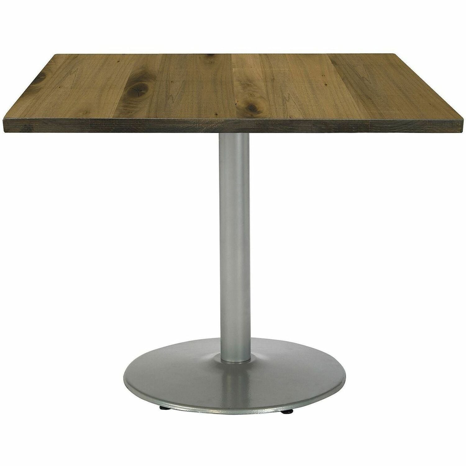 KFI 42" Square Wood Pedestal Table, Natural Vintage Wood Top, Silver Pedestal Base, Square Shape, 1 Each