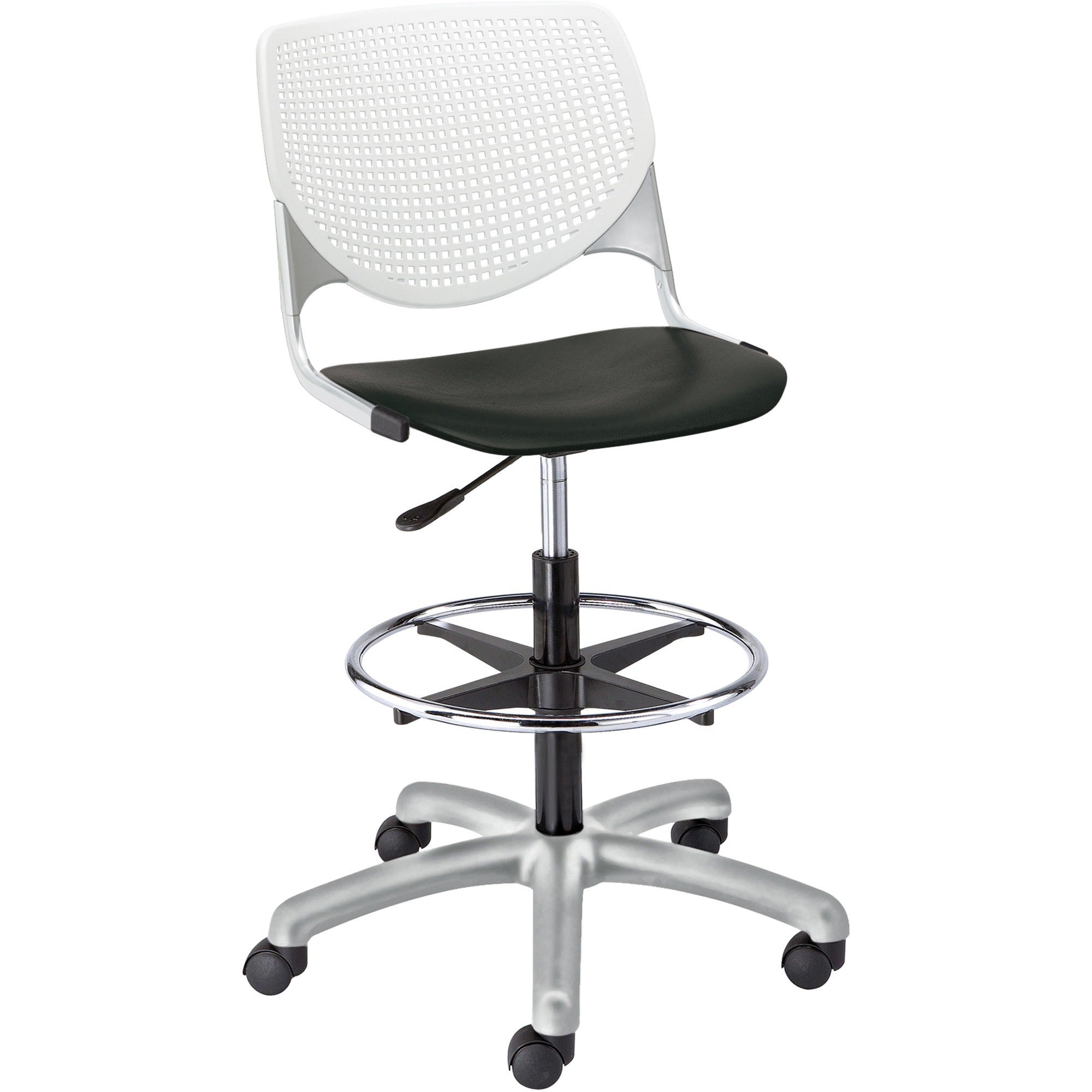 KFI Kool Stool With Perforated Back - Black Seat Color - Polypropylene Seat Material - White Back Color - Polypropylene, Aluminum Alloy Back Material - Powder Coated Silver Frame Color - Tubular Steel Frame Material - 5-star Base - 1 Each
