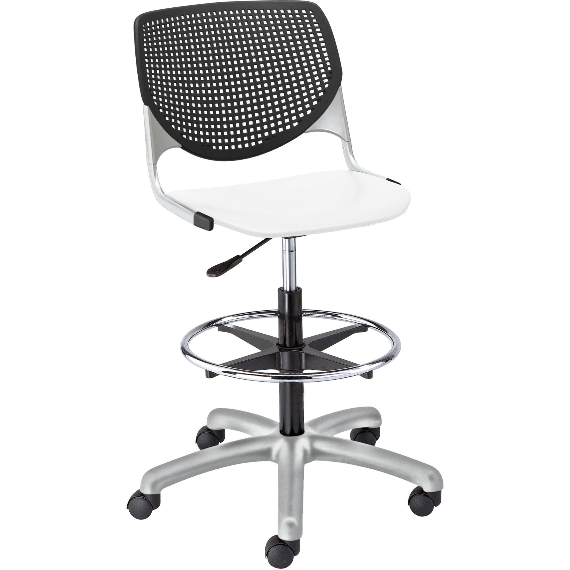 KFI Kool Stool With Perforated Back - White Seat Color - Polypropylene Seat Material - Black Back Color - Polypropylene, Aluminum Alloy Back Material - Powder Coated Silver Frame Color - Tubular Steel Frame Material - 5-star Base - 1 Each