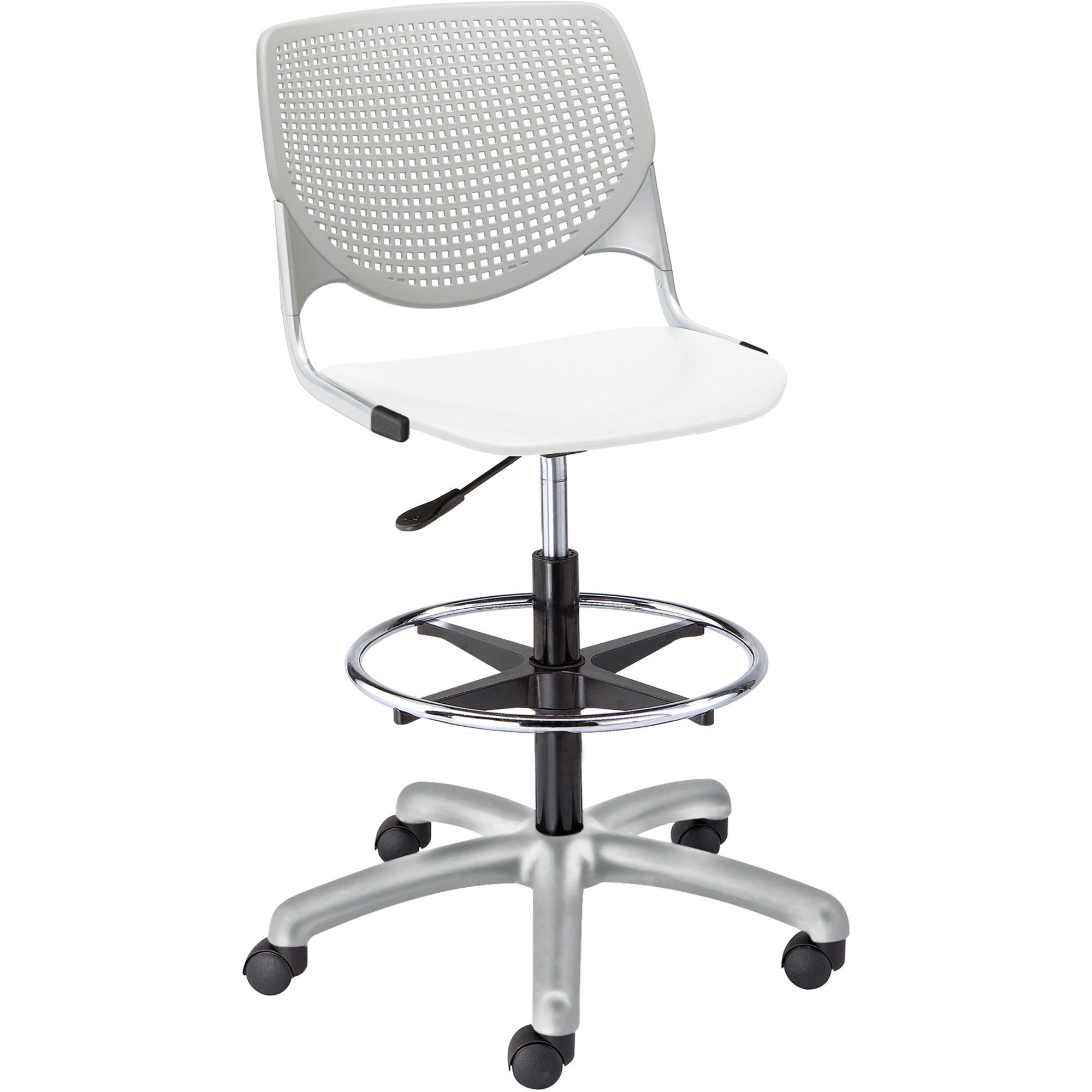KFI Kool Stool With Perforated Back - White Seat Color - Polypropylene Seat Material - Light Gray Back Color - Polypropylene, Aluminum Alloy Back Material - Powder Coated Silver Frame Color - Tubular Steel Frame Material - 5-star Base - 1 Each