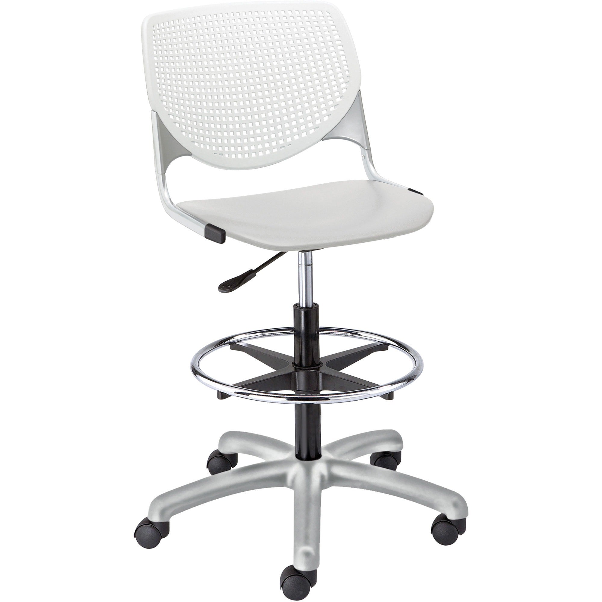 KFI Kool Stool With Perforated Back - Light Gray Seat Color - Polypropylene Seat Material - White Back Color - Polypropylene, Aluminum Alloy Back Material - Powder Coated Silver Frame Color - Tubular Steel Frame Material - 5-star Base - 1 Each
