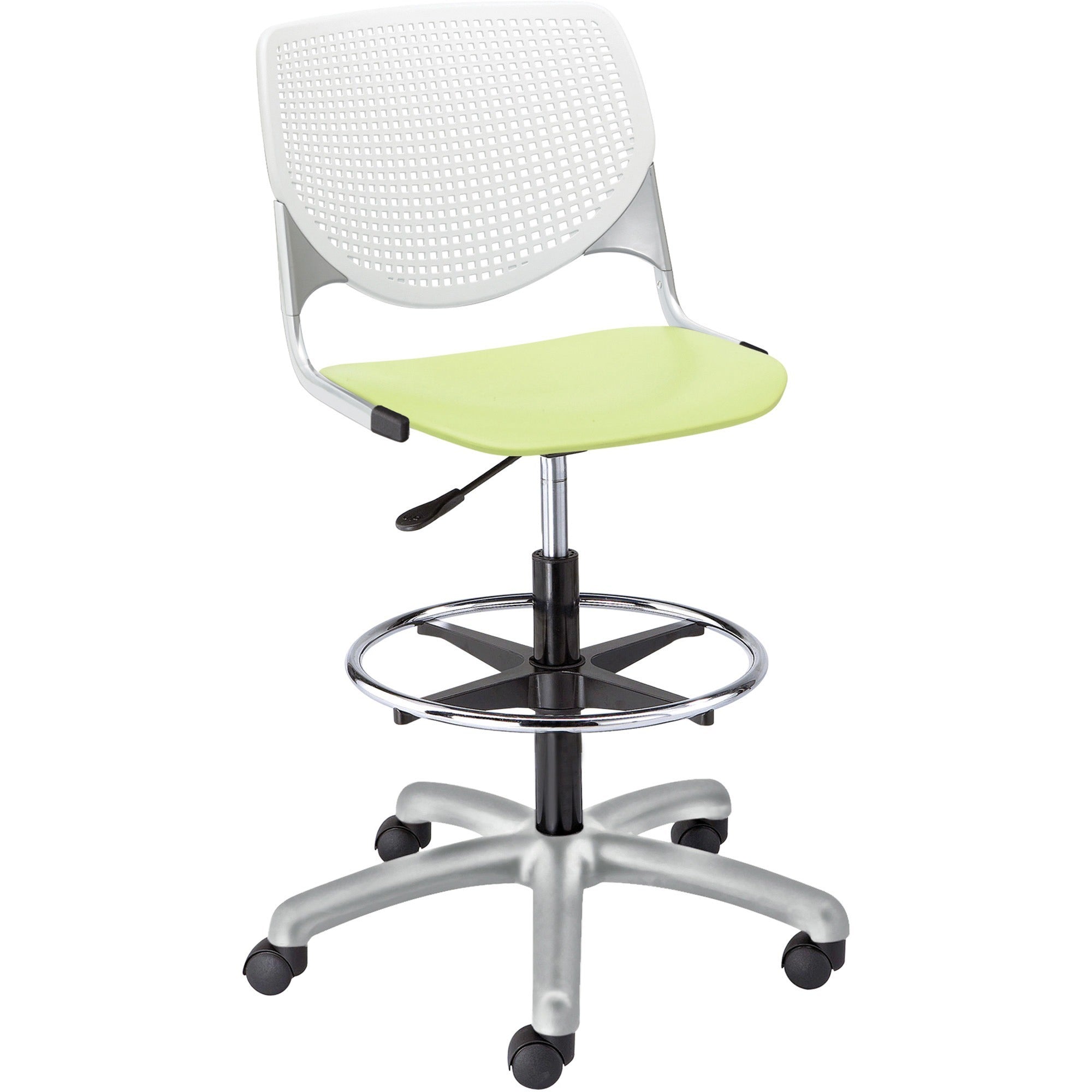 KFI Kool Stool With Perforated Back - Lime Green Seat Color - Polypropylene Seat Material - White Back Color - Polypropylene, Aluminum Alloy Back Material - Powder Coated Silver Frame Color - Tubular Steel Frame Material - 5-star Base - 1 Each