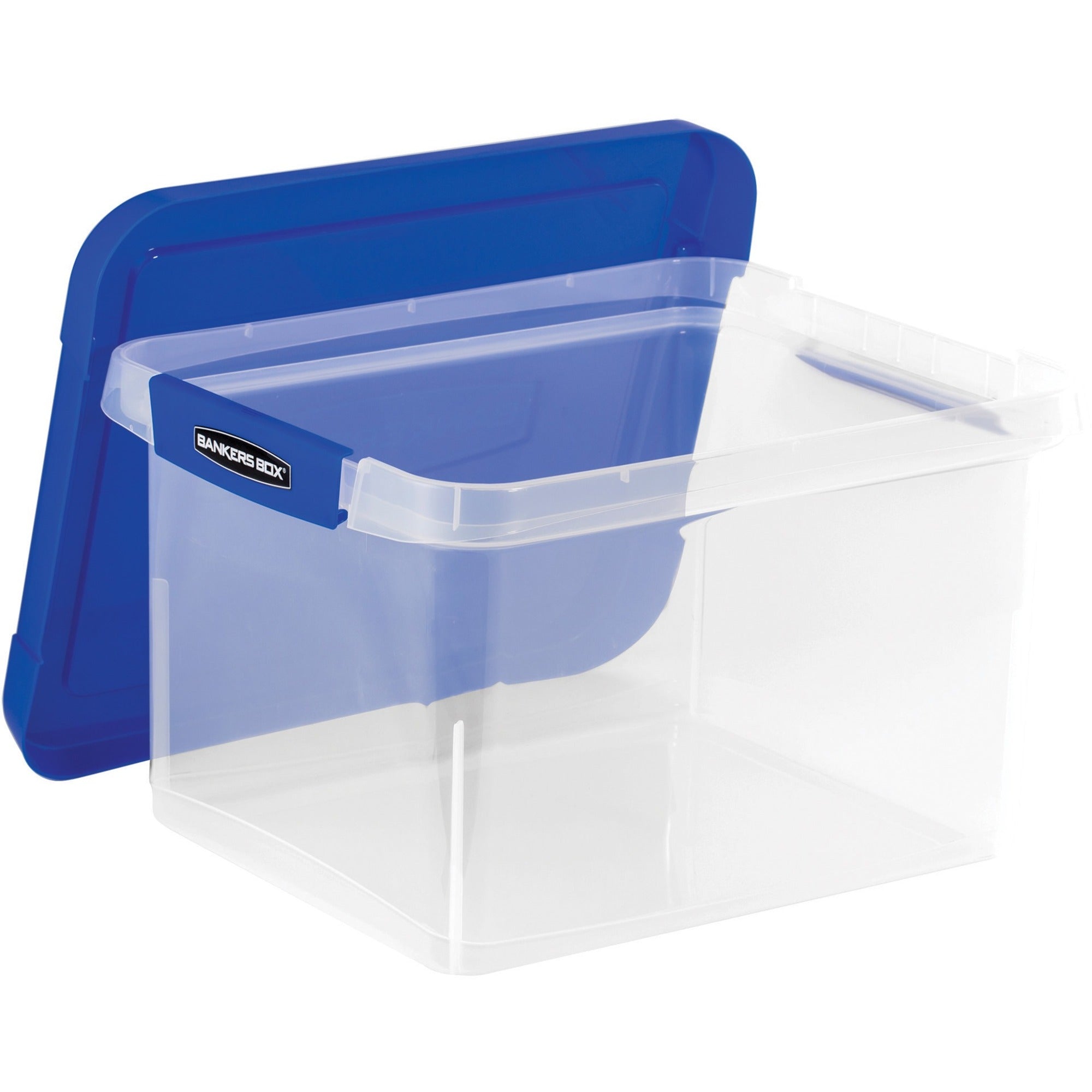 External Dimensions: 14.2" Width x 17.4" Depth x 10.6" Height - Media Size Supported: Letter 8.50" x 11" , Legal 8.50" x 14" - Lid Lock Closure - Heavy Duty - Stackable - Plastic - Clear, Blue - For File, Document - 2 Pack - TAA Compliant