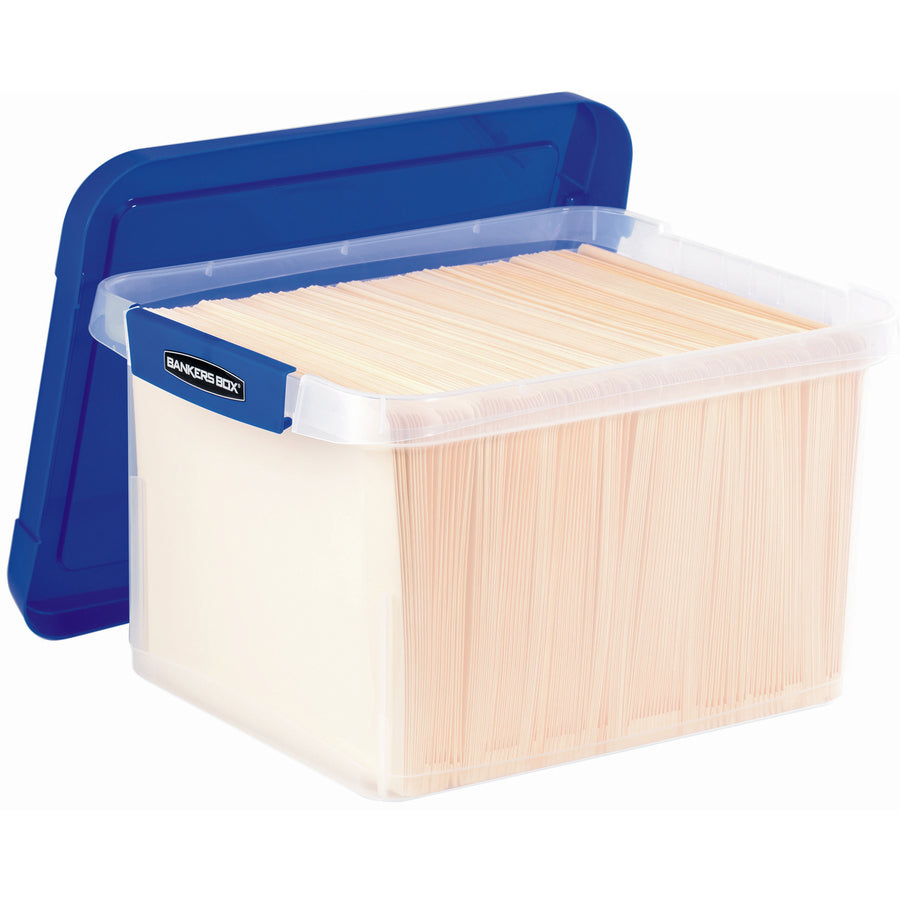External Dimensions: 14.2" Width x 17.4" Depth x 10.6" Height - Media Size Supported: Letter 8.50" x 11" , Legal 8.50" x 14" - Lid Lock Closure - Heavy Duty - Stackable - Plastic - Clear, Blue - For File, Document - 2 Pack - TAA Compliant