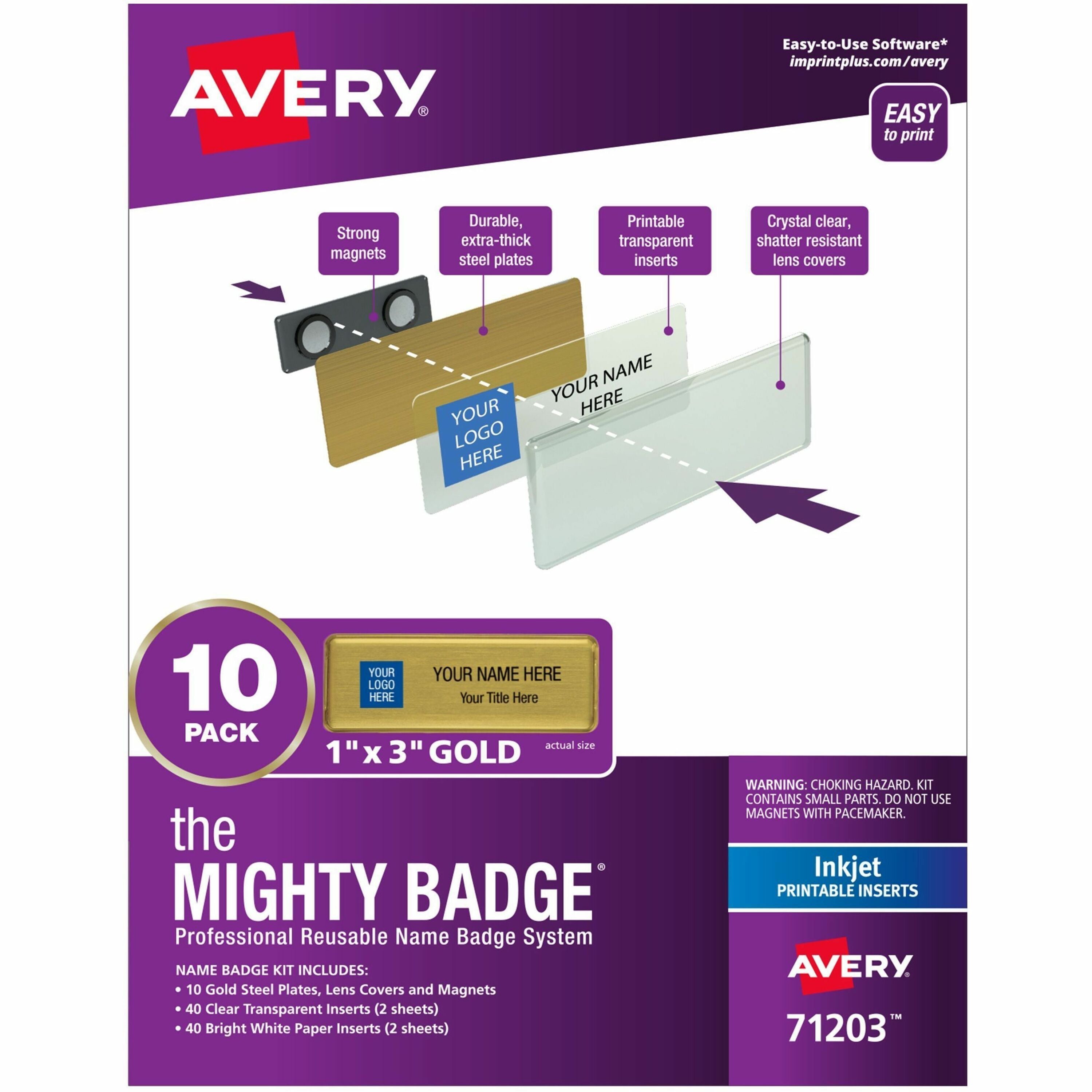 The Mighty Badge by Avery Reusable Magnetic Professional Name Badge Kit, Gold, 1" x 3", 10 Pack with 80 Printable Inserts