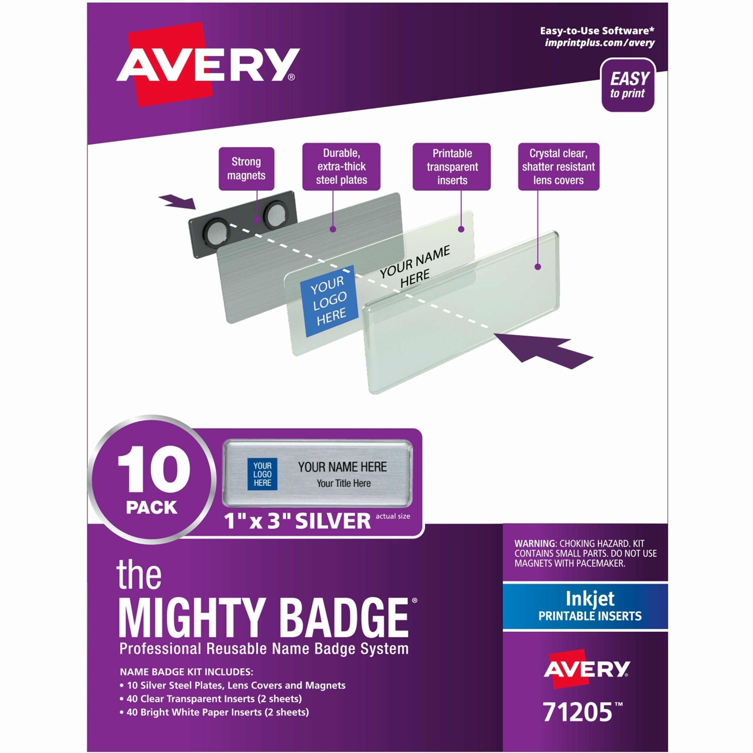 The Mighty Badge by Avery Reusable Magnetic Professional Name Badge Kit, 10 Pack, Includes 10 Steel Plates, 10 Magnetic Fasteners, 10 Lens Covers, 80 Printable Inserts, Silver and Clear