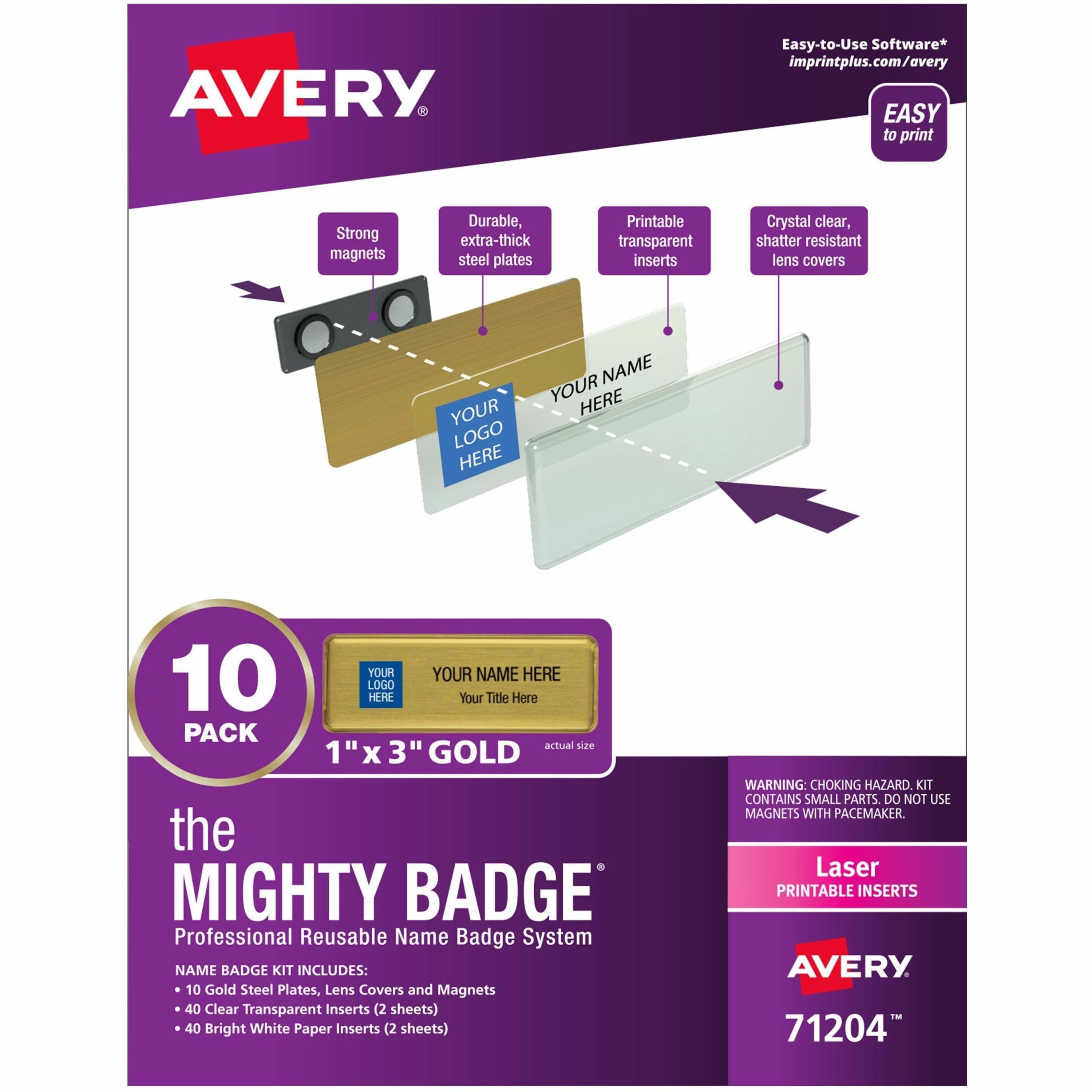 The Mighty Badge by Avery Reusable Magnetic Professional Name Badge Kit, Gold, 1" x 3", 10 Badges, 80 Inserts