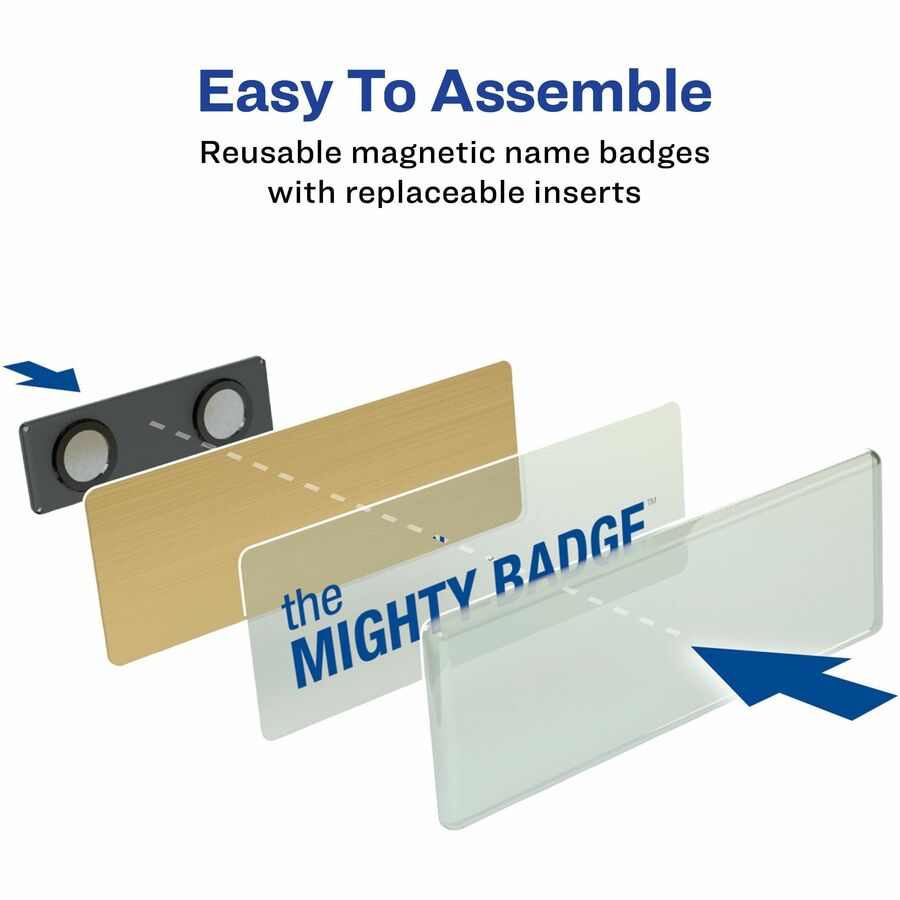 The Mighty Badge by Avery Reusable Magnetic Professional Name Badge Kit, Gold, 1" x 3", 10 Badges, 80 Inserts