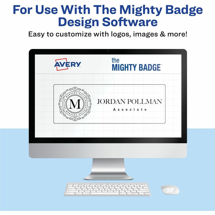 The Mighty Badge by Avery Reusable Magnetic Professional Name Badge Kit, 10 Pack, Includes 10 Steel Plates, 10 Magnetic Fasteners, 10 Lens Covers, 80 Printable Inserts, Silver and Clear/White, 1" x 3" Badges