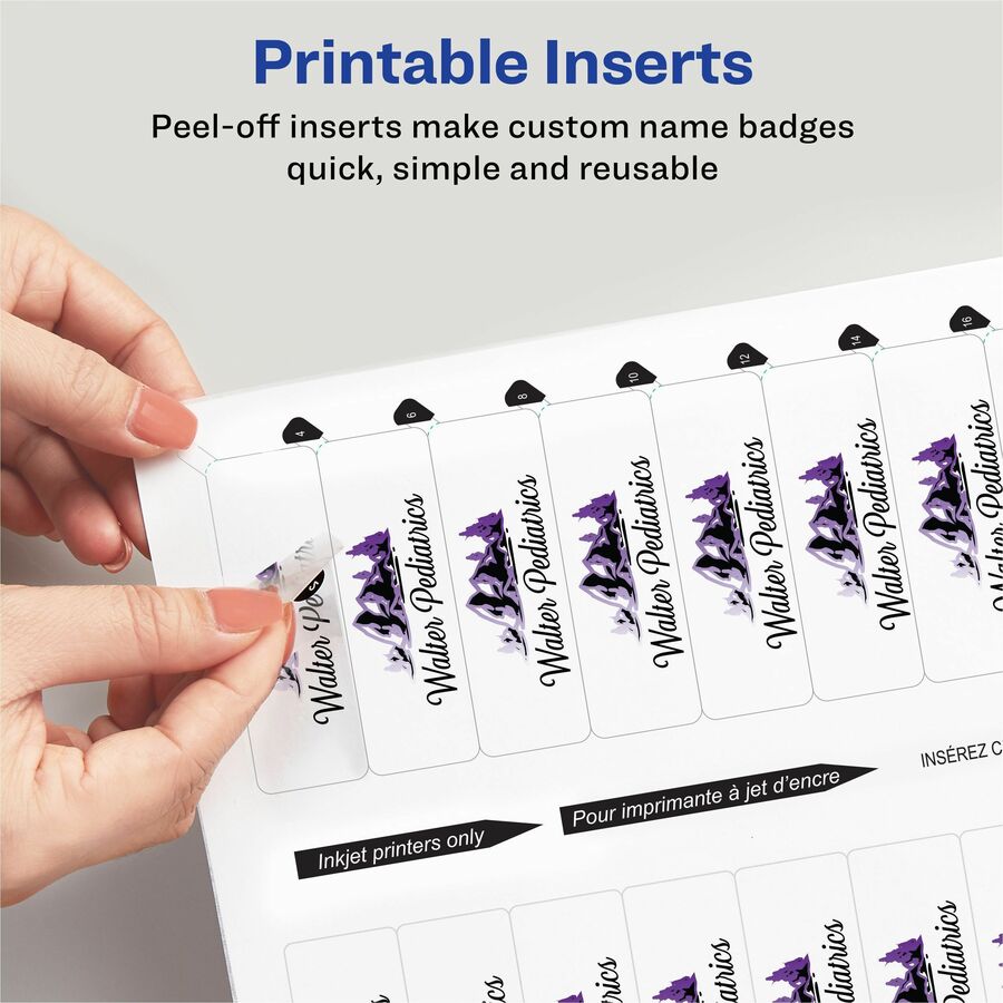 The Mighty Badge by Avery Reusable Magnetic Professional Name Badge Kit, 10 Pack, Includes 10 Steel Plates, 10 Magnetic Fasteners, 10 Lens Covers, 80 Printable Inserts, Silver and Clear/White, 1" x 3" Badges