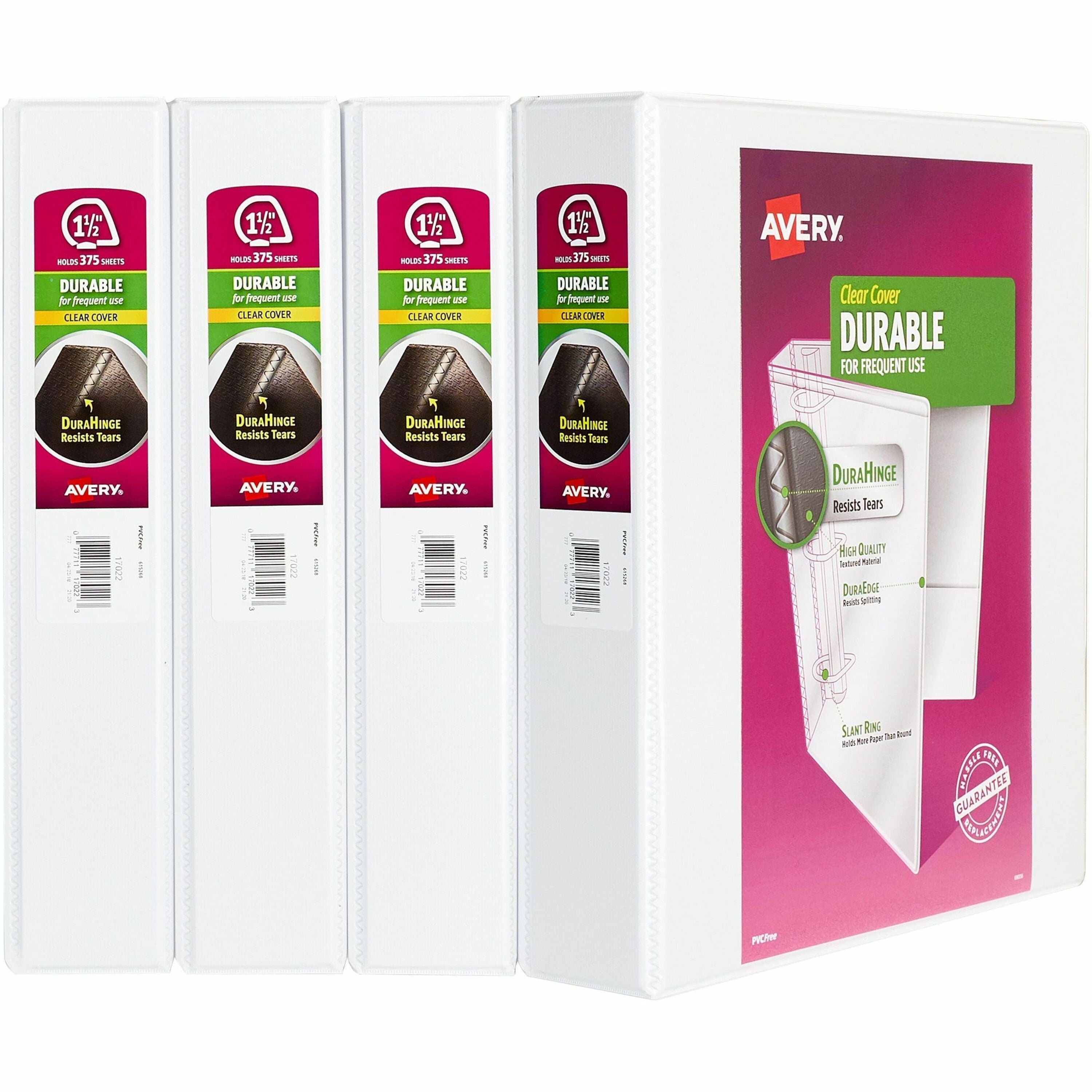 Avery&reg; Durable View 3 Ring Binders, 1.5" Slant Rings, 4 White Binders (17576)