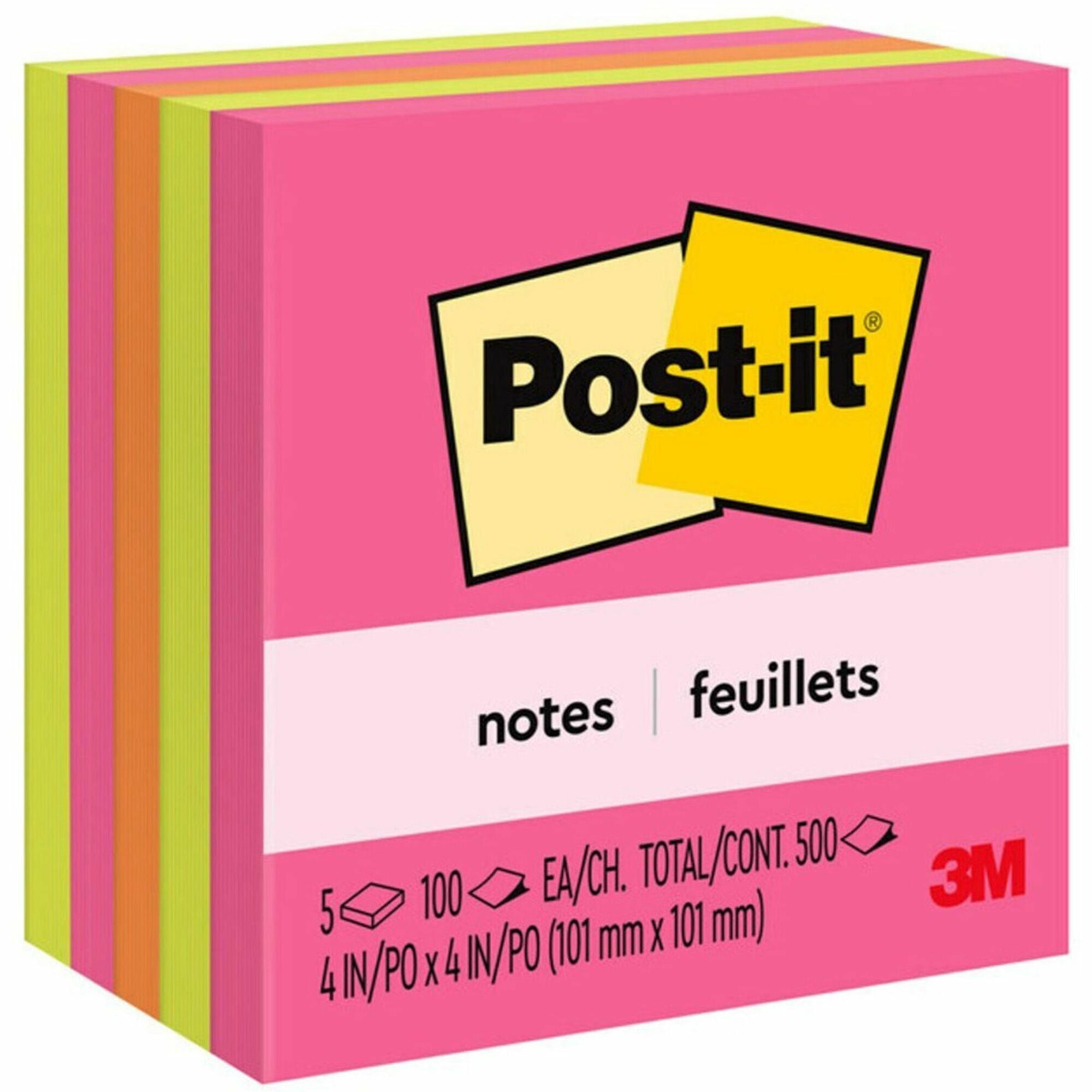 Post-it&reg; Notes - Poptimistic Color Collection - 4" Flag/Note Width x 4" Flag/Note Length - Square - 100 Sheets per Pad - Fuchsia, Neon Green, Neon Orange - Repositionable, Self-adhesive - 1 Pack