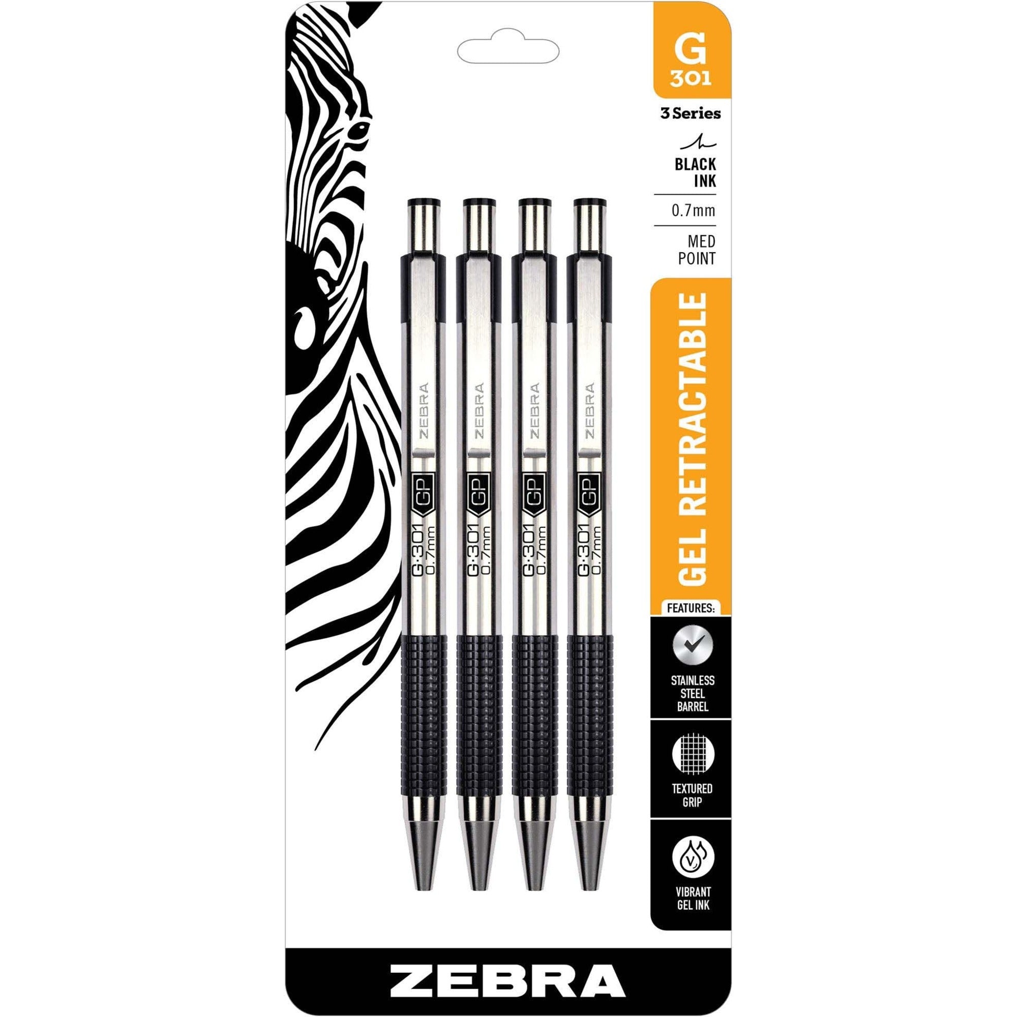 0.7 mm Pen Point - Refillable - Retractable - Black Ink - Gel-based - Metal Barrel - 4 / Pack