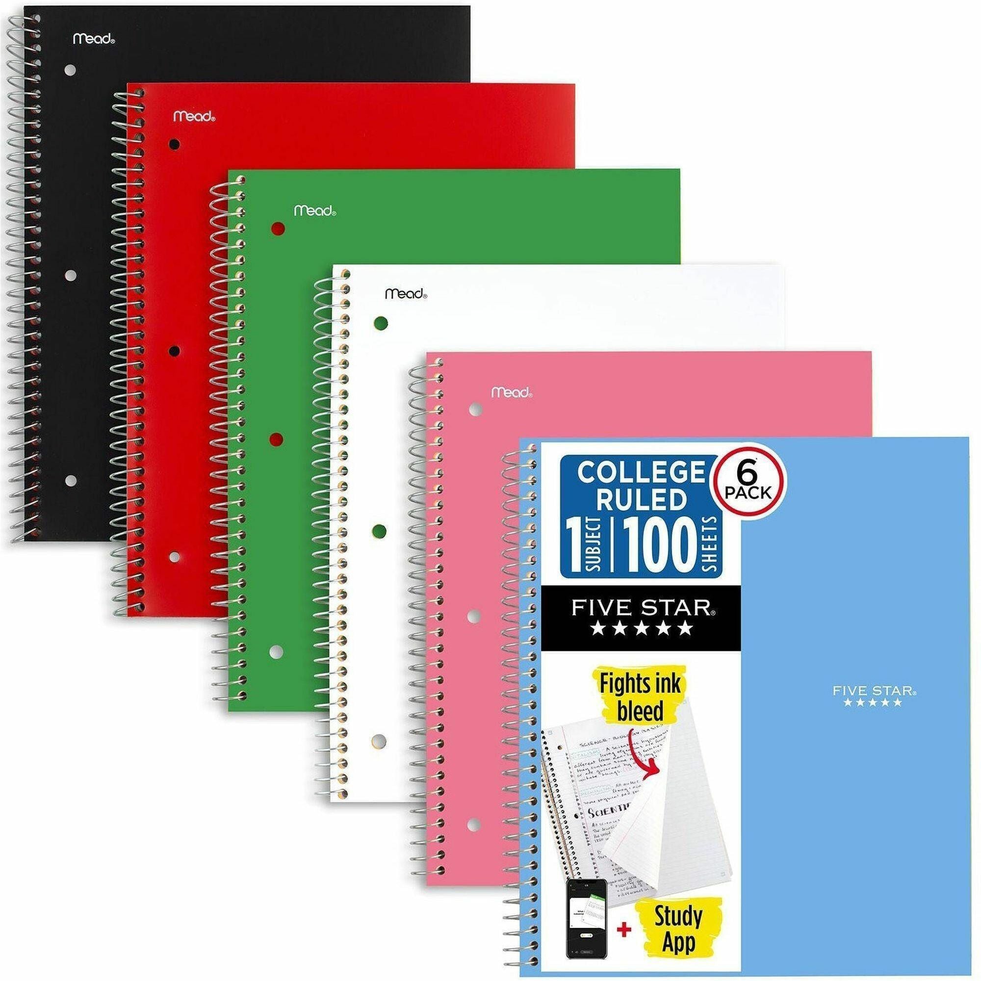 Mead Five Star 1-Subject Spiral Notebook, 100 Sheets, 11" x 8.5", 3-Hole Punched, Assorted Covers, Dual-Pocket Divider, Water Resistant, Bleed Resistant, Perforated, Spiral Lock, 6 Pack