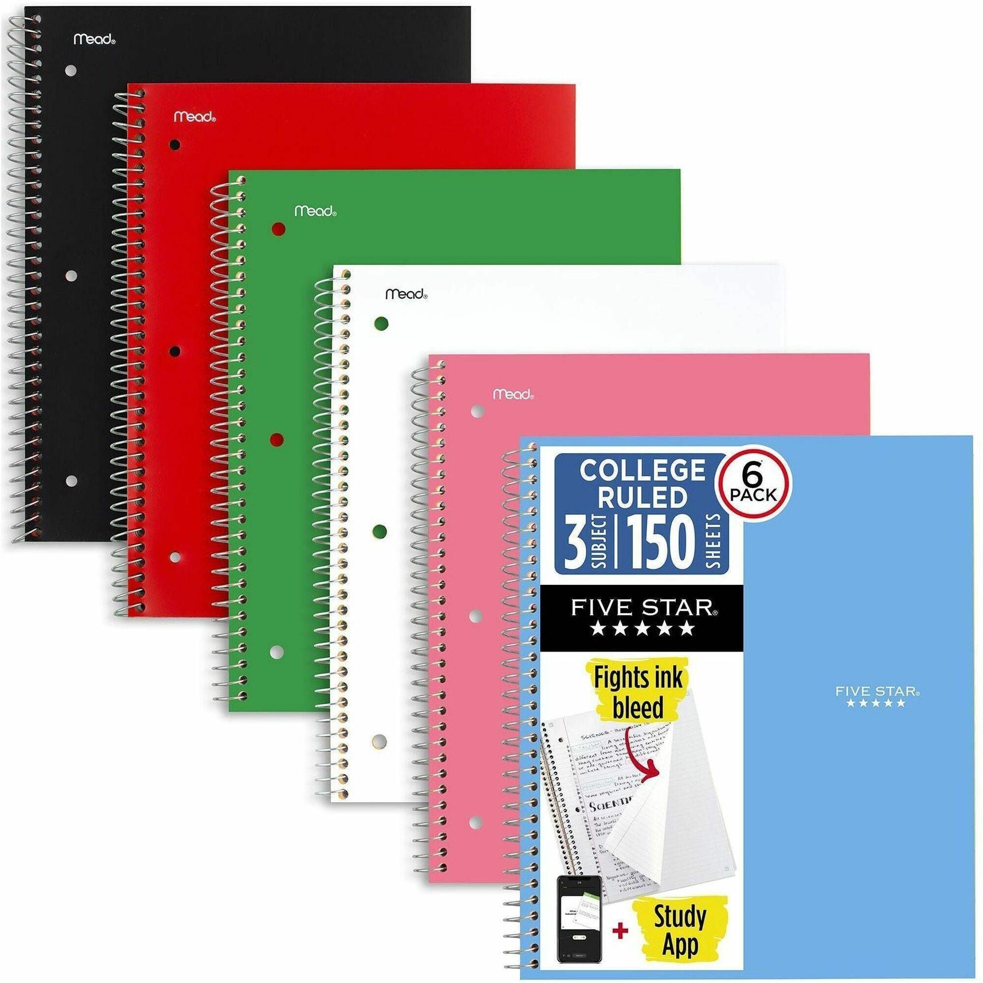 Mead Five Star 3-Subject Spiral Notebook, 150 Sheets, 300 Pages, 11" x 8.5", College Ruled, Assorted Durable Plastic/Paperboard Covers, Wire Bound, 3-Hole Punched, 6 Pack
