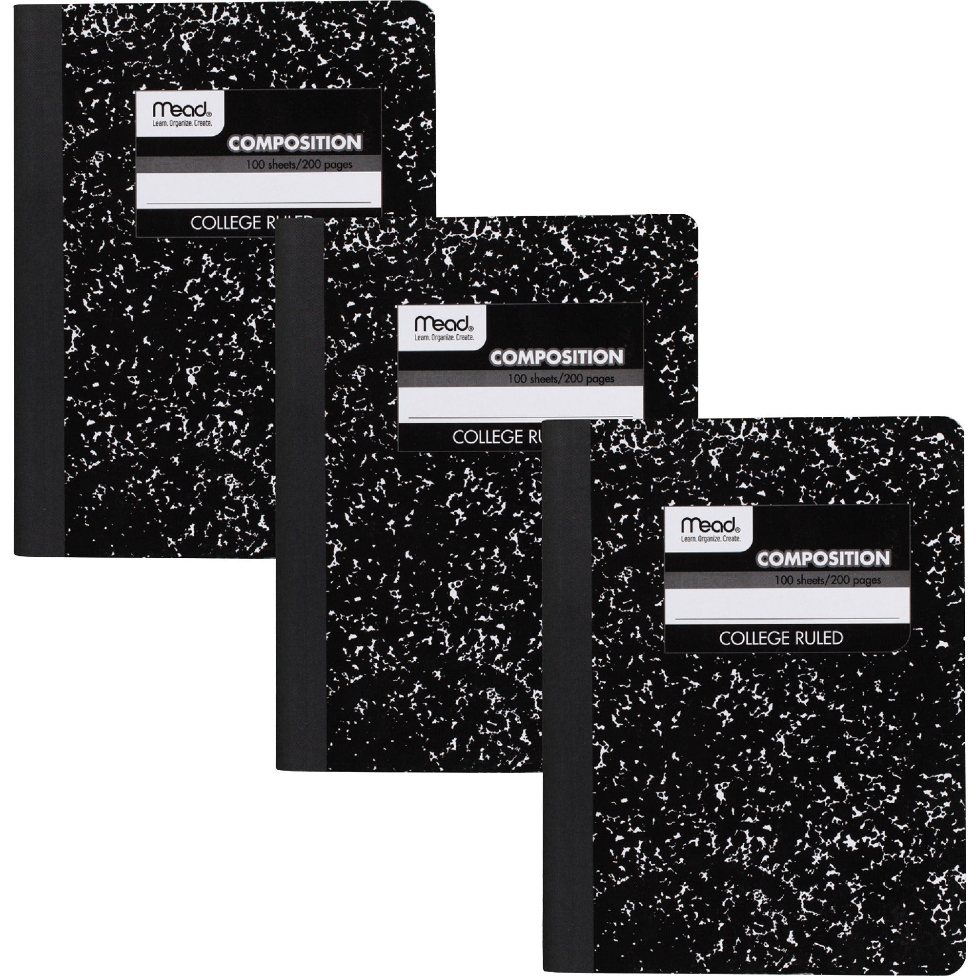 100 Sheets - Sewn - 9 3/4" x 7 1/2" Sheet Size - 9" Height x 7" Width x 0.5" Length - White Paper - Black Marble Cover - Multiplication Table, Conversion Table, Sturdy Cover, Class Schedule - 3 / Pack