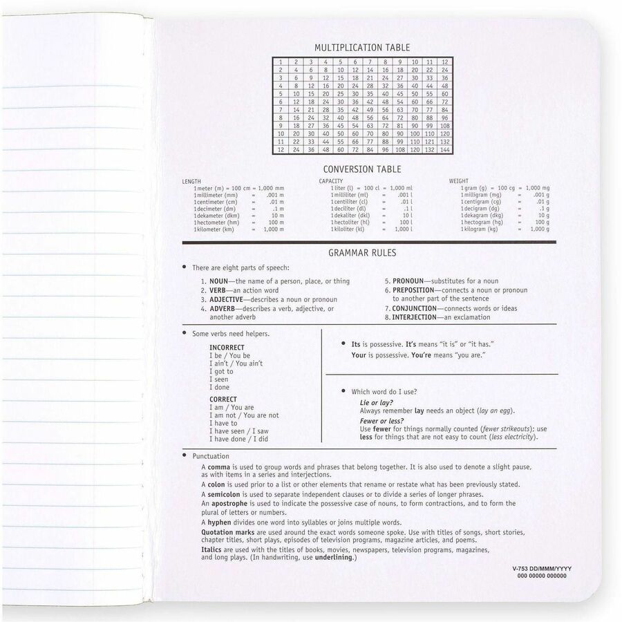 100 Sheets - Sewn - 9 3/4" x 7 1/2" Sheet Size - 9" Height x 7" Width x 0.5" Length - White Paper - Black Marble Cover - Multiplication Table, Conversion Table, Sturdy Cover, Class Schedule - 3 / Pack