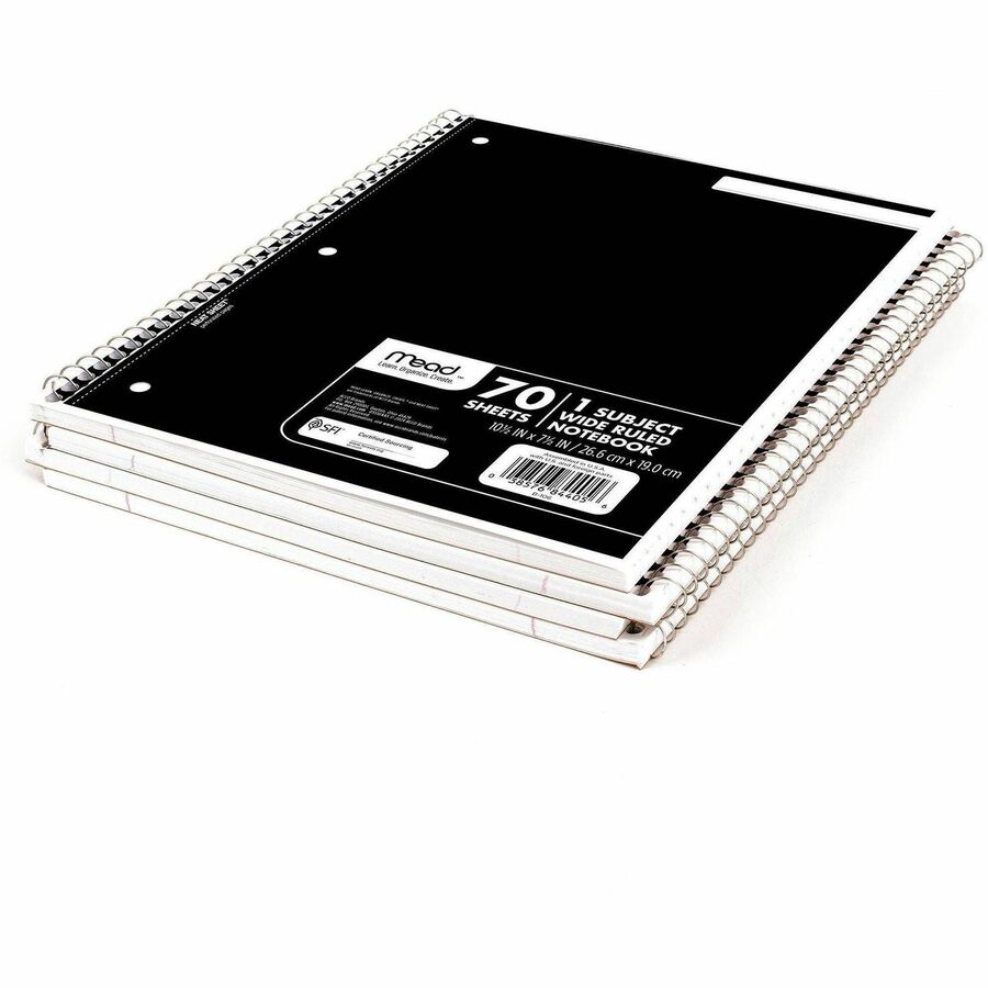 70 Sheets - 140 Pages - Spiral Bound - 3 Hole(s) - 10 1/2" x 8" Sheet Size - 10" Height x 8" Width x 0.5" Length - White Paper - Assorted Cover - Durable Cover, Bleed Resistant, Perforated, Spiral Lock, Lightweight - 4 / Pack