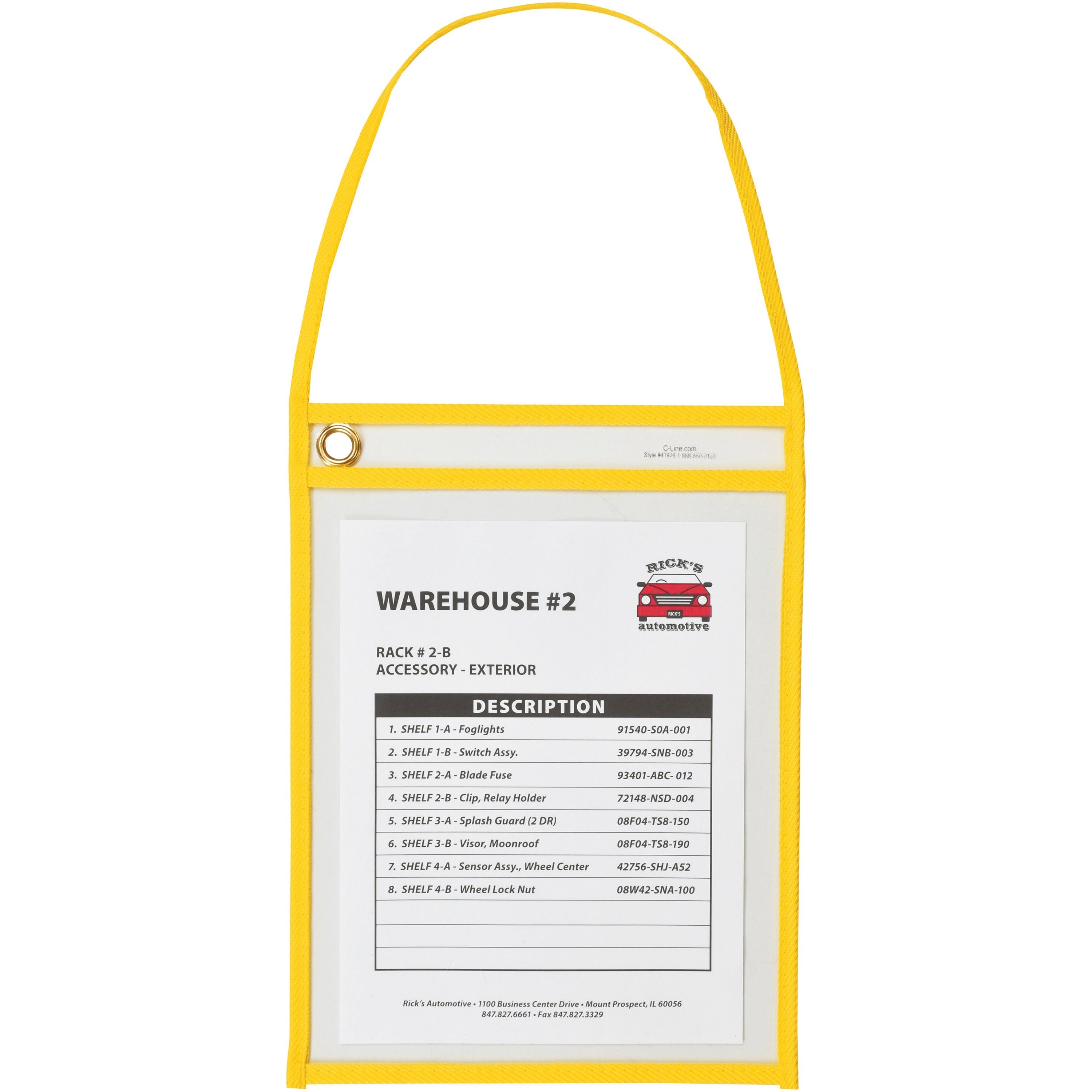 C-Line Hanging Strap Shop Ticket Holder - 12" Height x 9" Width x 16" Length - Vinyl - Yellow - 1 Box