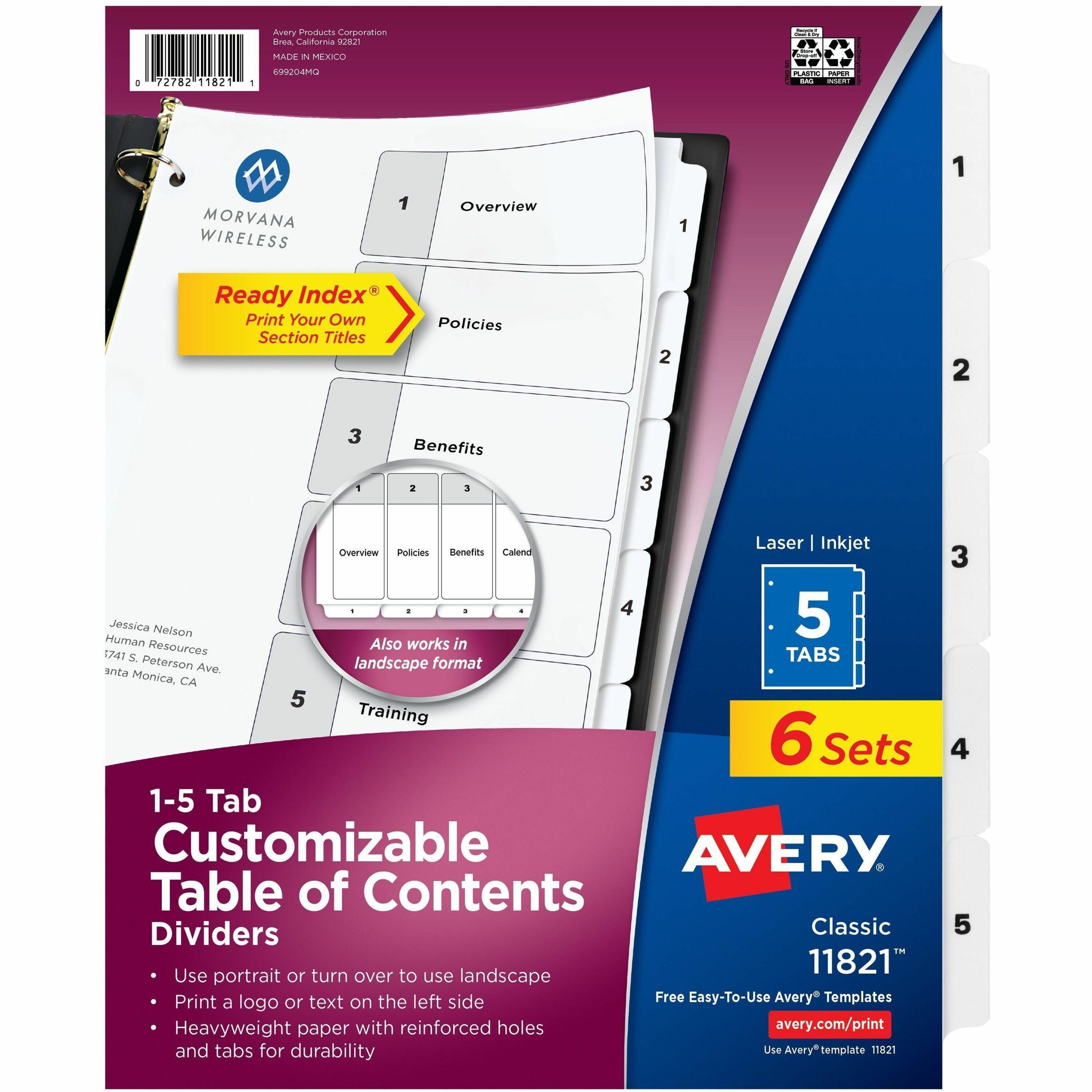 Avery Dividers, 5 Tabs, Ready Index (6 Sets of 11821)