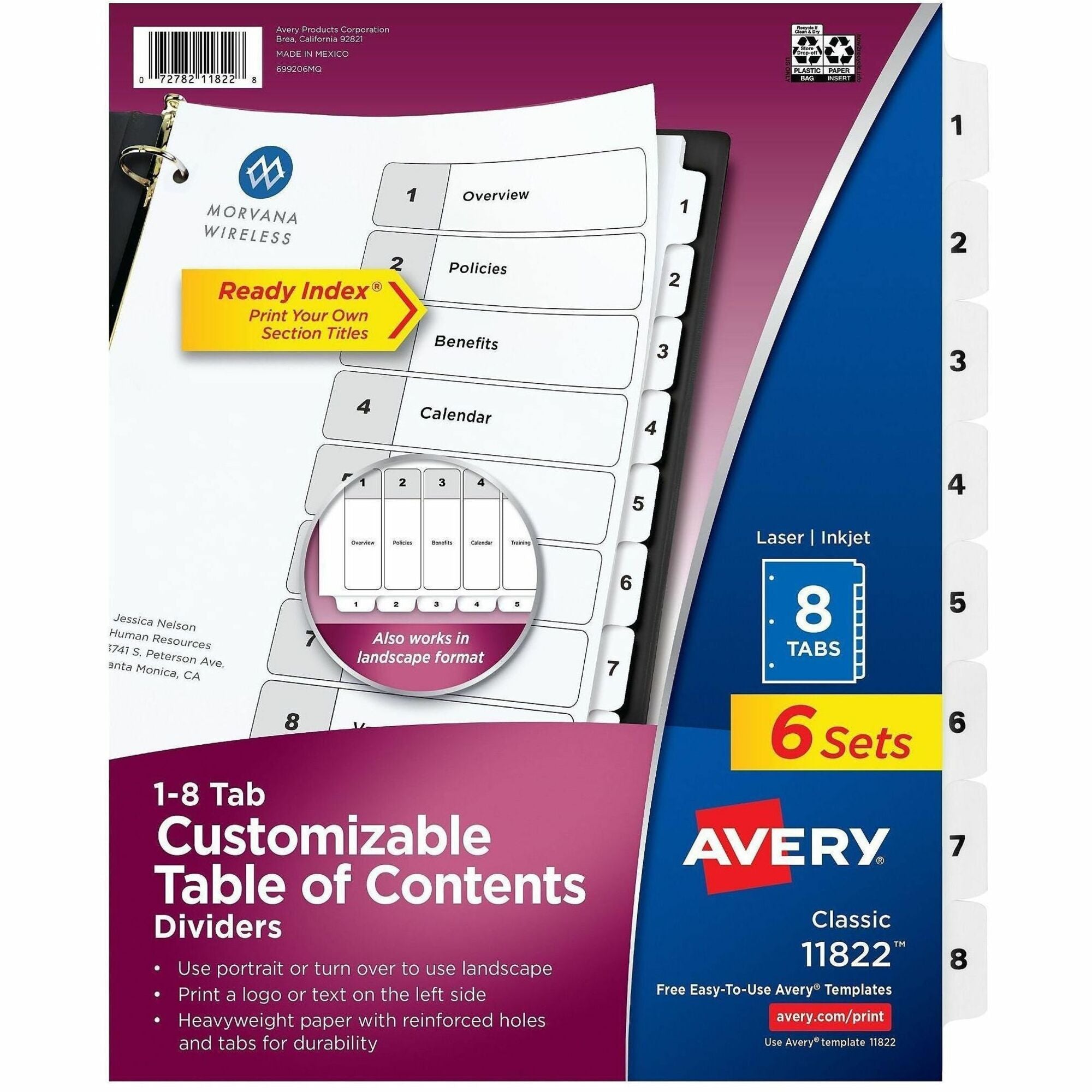 Avery Ready Index 8 Tab Dividers, Customizable TOC, 6 Sets (11822)