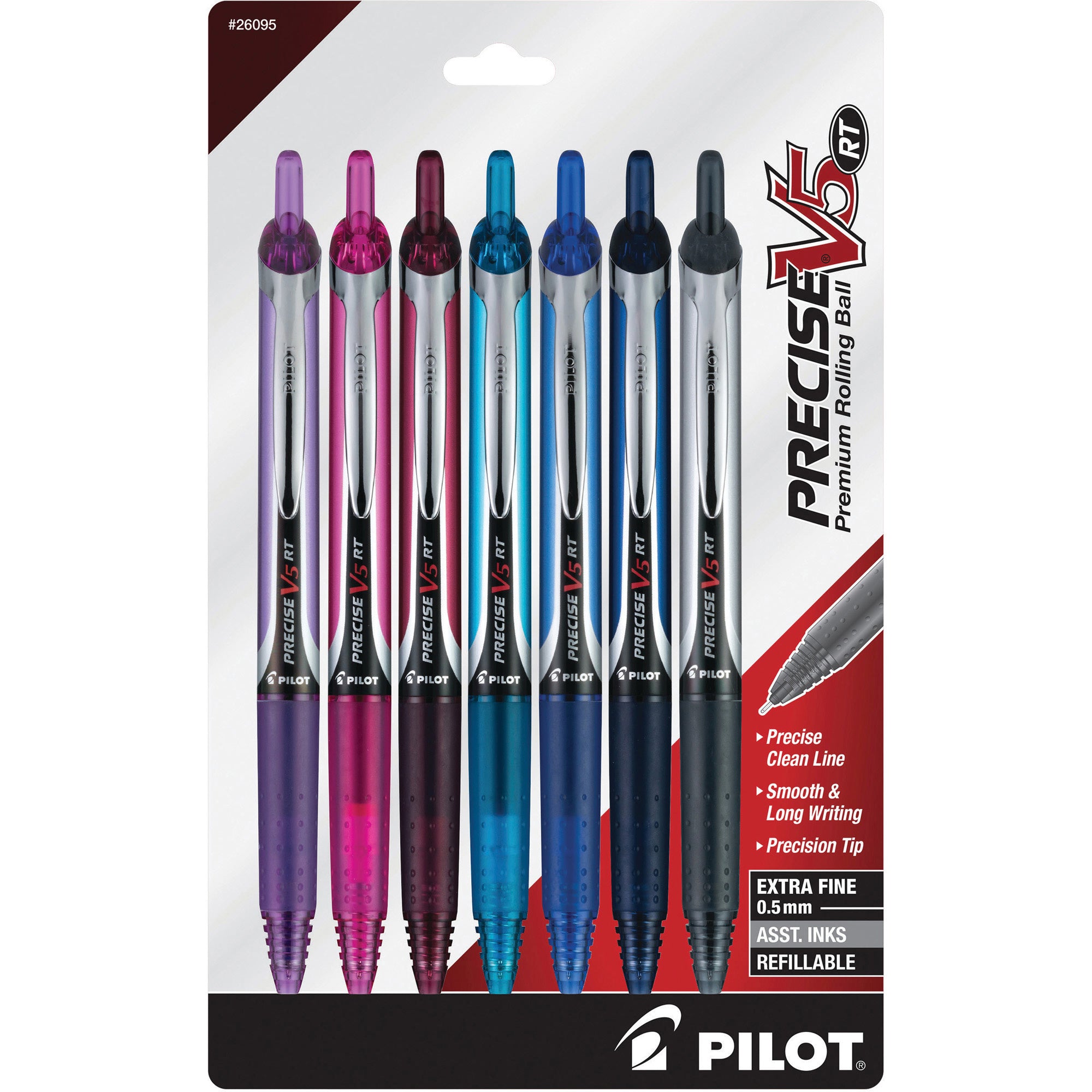 Pilot Premium Rolling Ball Pens - 0.5 mm Extra Fine Pen Point - Refillable - Retractable - Navy, Blue, Turquoise, Burgundy, Pink, Purple Ink - Liquid - Writing - 7 / Pack