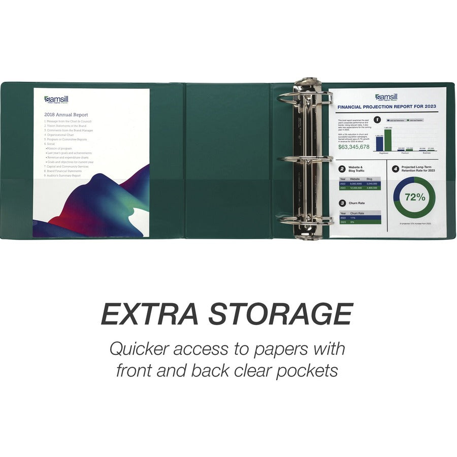 Samsill Nonstick 6" Locking D-Ring View Binder, 3 Rings, 1225 Sheet Capacity, 2 Internal Pockets, Green, 1 Each