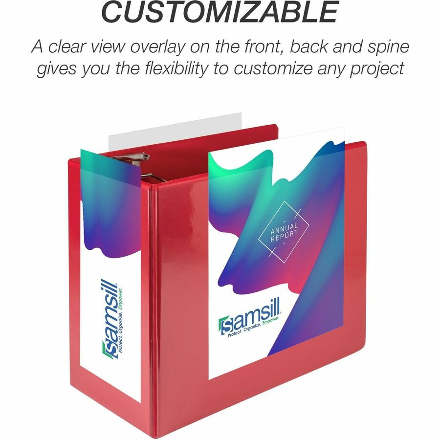 Samsill Nonstick 6" Locking D-Ring View Binder, 3 Rings, 1225 Sheet Capacity, 2 Internal Pockets, Red, 1 Each, Recycled, Clear Overlay, Non-glare, Ink-transfer Resistant