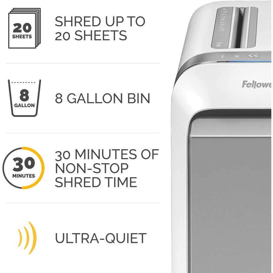 Micro Cut - 20 Per Pass - for shredding Paper, Credit Card, Paper Clip, Staples, Junk Mail - 0.156" x 0.500" Shred Size - P-4 - 7 ft/min - 9" Throat - 20 Minute Run Time - 8 gal Wastebin Capacity - White