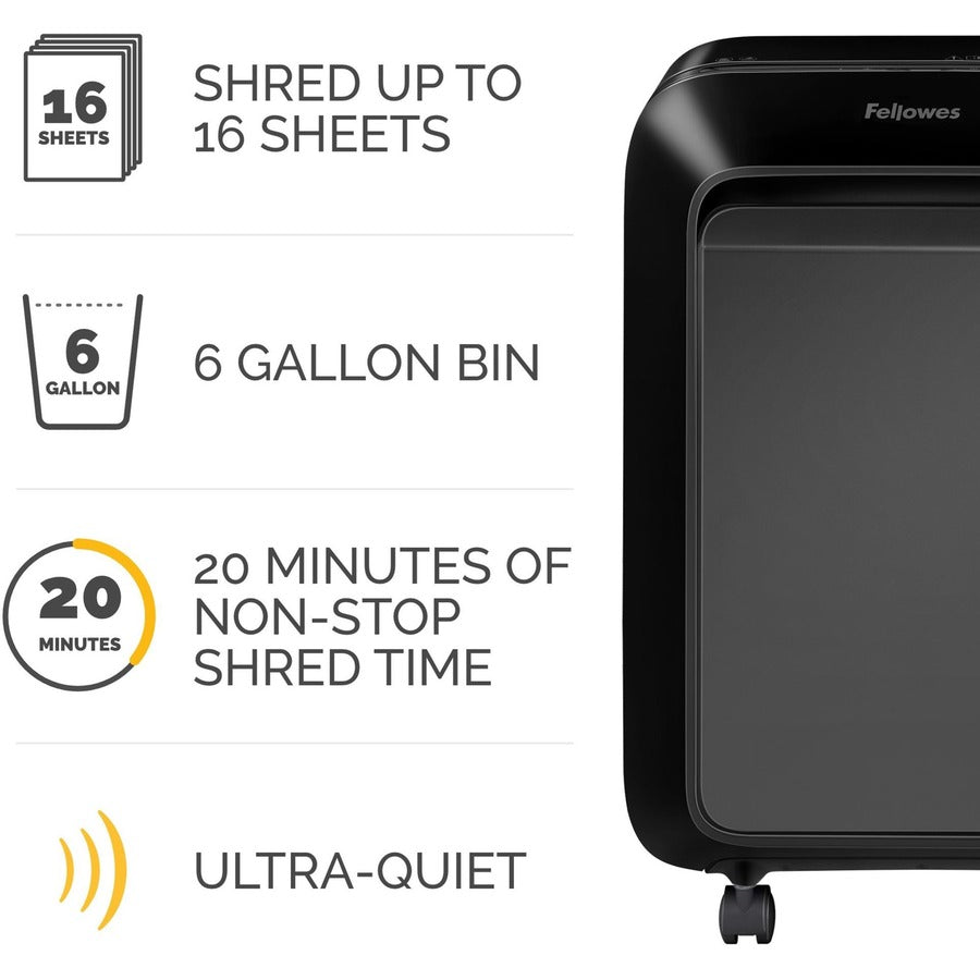Micro Cut - 16 Per Pass - for shredding Paper, Credit Card, Paper Clip, Staples, Junk Mail - 0.156" x 0.500" Shred Size - P-4 - 7 ft/min - 9" Throat - 20 Minute Run Time - 6 gal Wastebin Capacity - Black