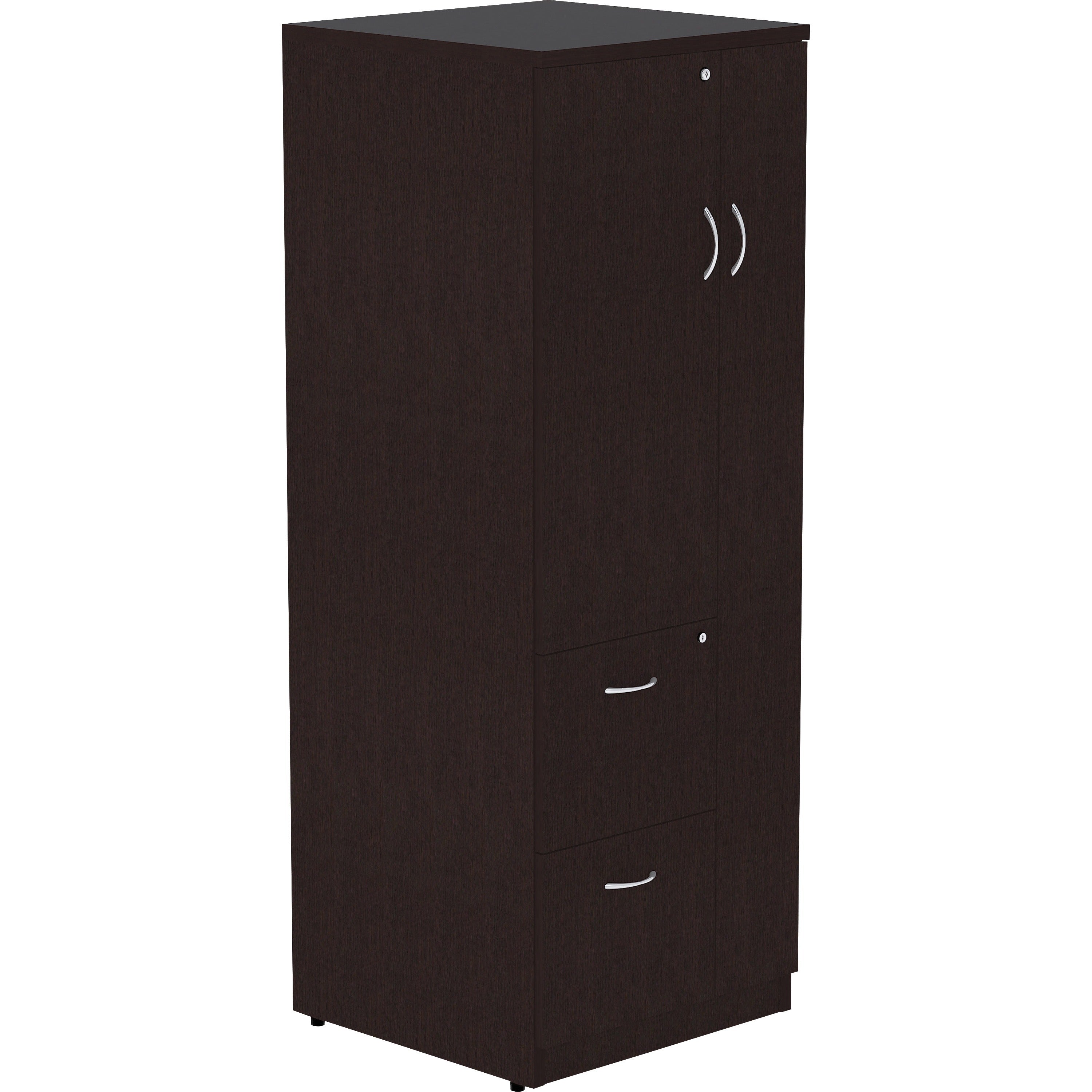 Lorell Essentials Series Tall Storage Cabinet - 65.6" Height x 23.6" Width x 23.6" Depth Cabinet - Total Drawer(s): 2 - 1 Door(s) - 2 Shelve(s) - Material: Laminate, Medium Density Fiberboard (MDF), Particleboard - Finish: Espresso - 1 Each