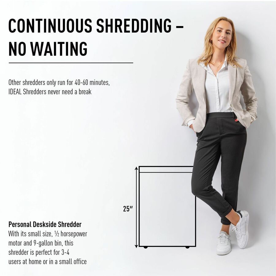 ideal. 2445 Cross-cut Paper Shredder, 13-sheet capacity per pass, cross cut, continuous operation, 9.5" throat, 9-gallon wastebin, P-4 security, shreds paper, staples, paper clips, credit cards, 14 ft/min, 1 Each