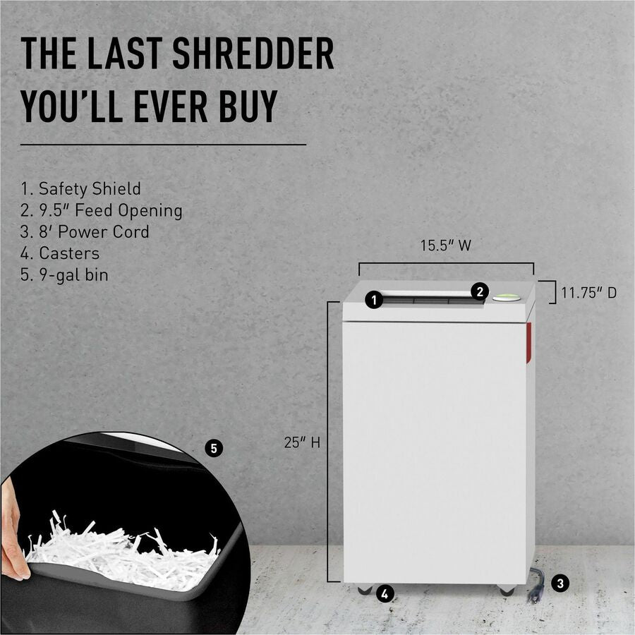 ideal. 2445 Cross-cut Paper Shredder, Cross Cut, 8 Sheets Per Pass, 0.625" x 0.093" Shred Size, P-5 Security, 14 ft/min, 9.5" Throat, 9 gal Bin, Continuous Duty, TAA Compliant, 1 Each