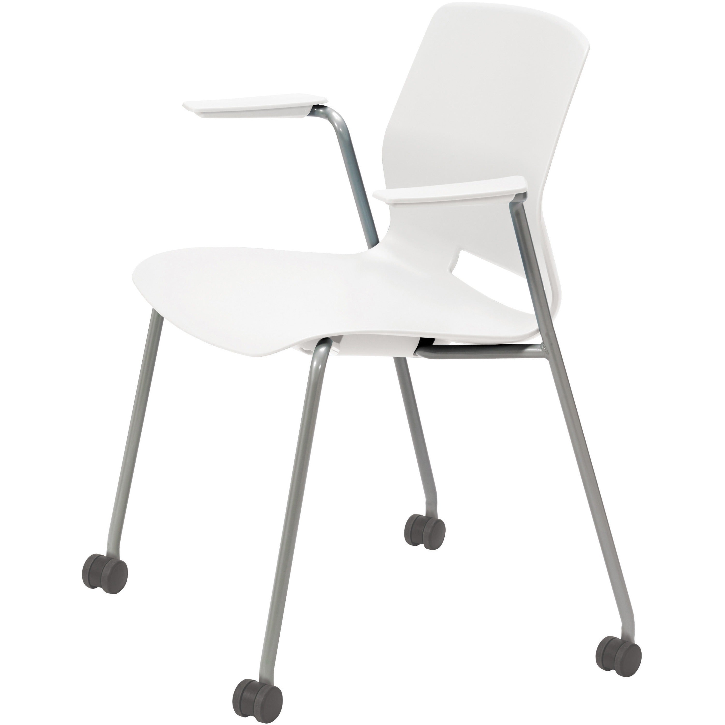 KFI Swey Mobile Multipurpose Stool with Arms - White Seat Color - Polypropylene Seat Material - White Back Color - Polypropylene Back Material - Silver Frame Color - Stainless Steel Frame Material - Four-legged Base - 1 Each